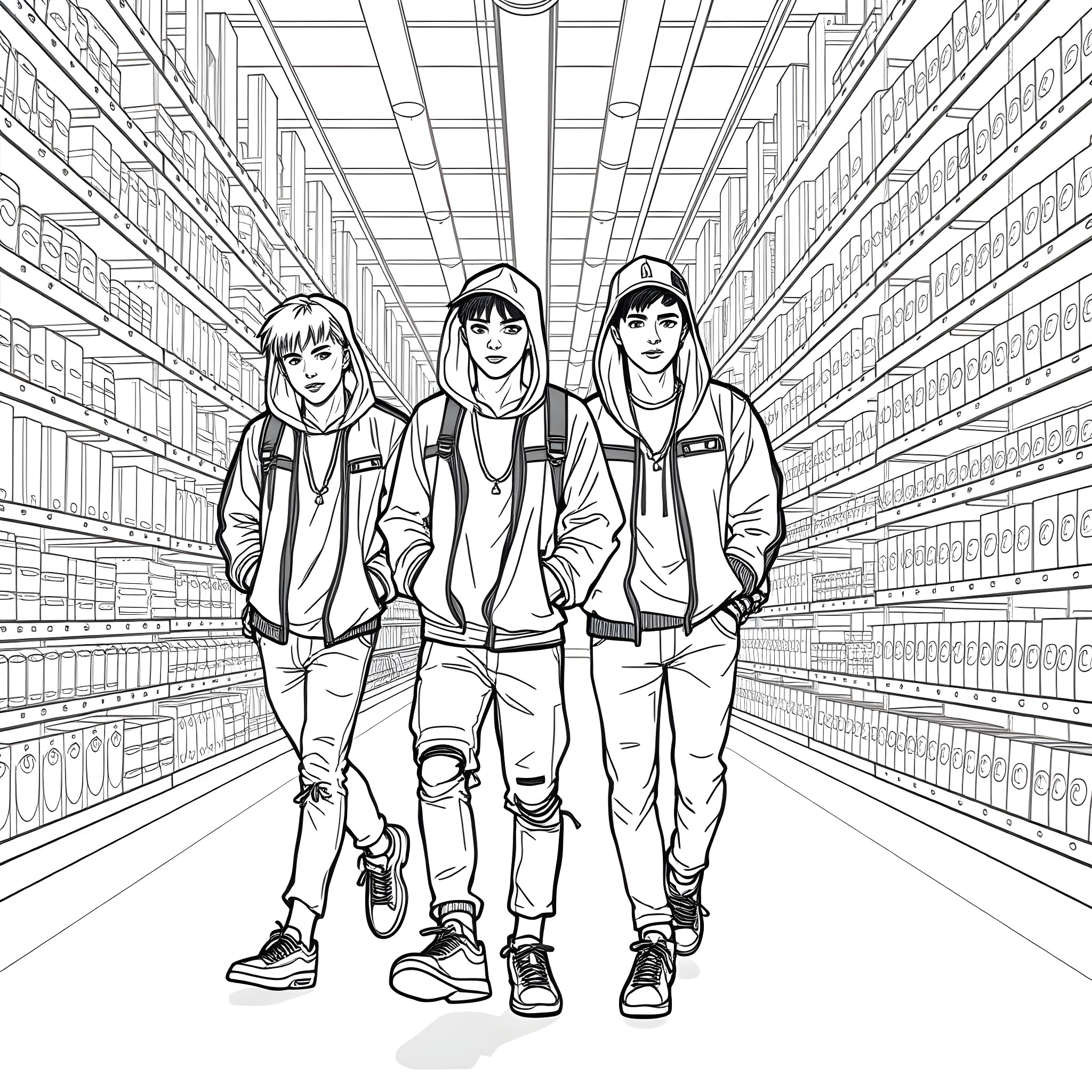Teen Guys Exploring the Shelves in a Bookstore Coloring Page (free black-and-white line drawing printable PDF for all, from beginners to advanced learners, including children, teens, adults, and seniors)