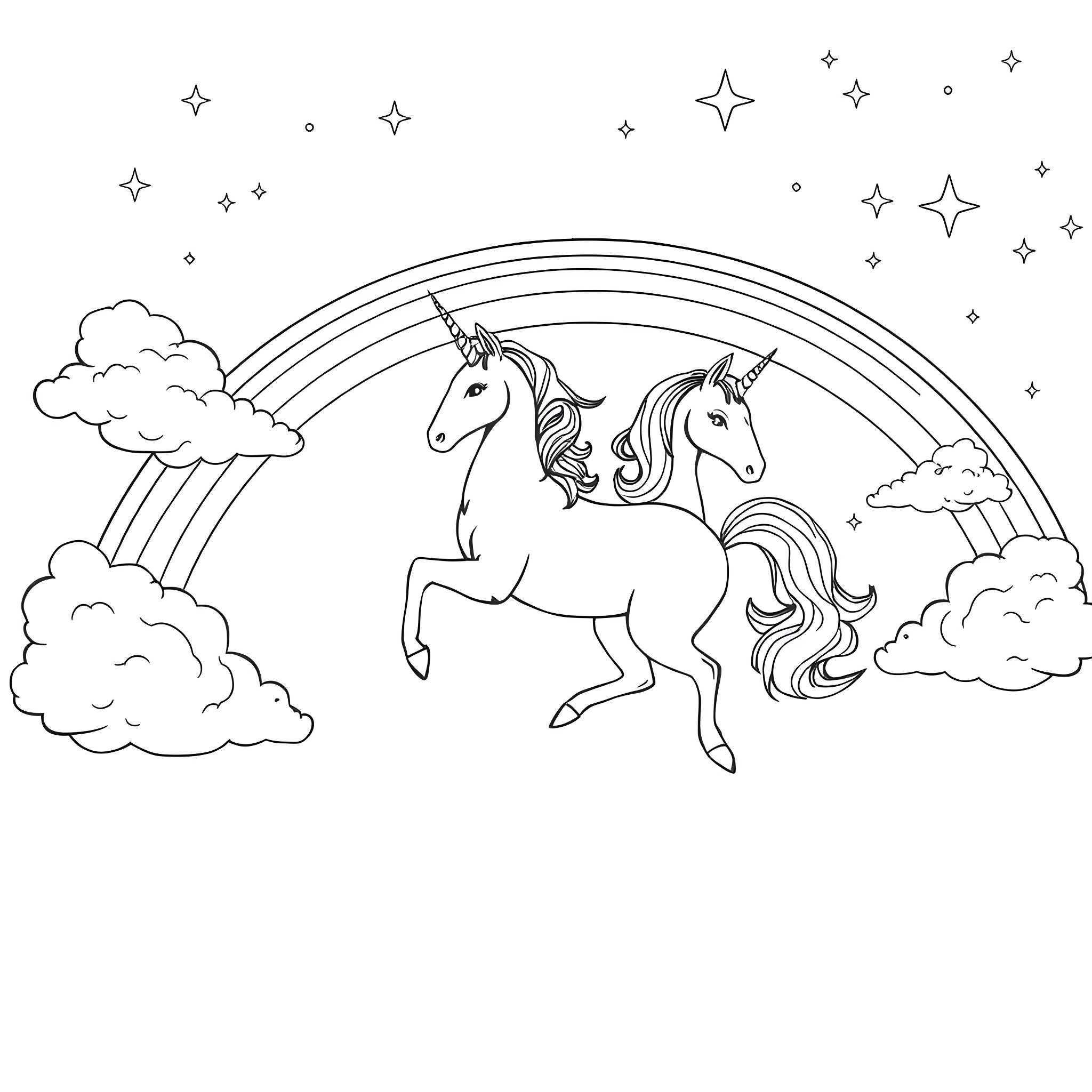 Unicorn prancing through the magical sky Coloring Page (free black-and-white line drawing printable PDF for all, from beginners to advanced learners, including children, teens, adults, and seniors)