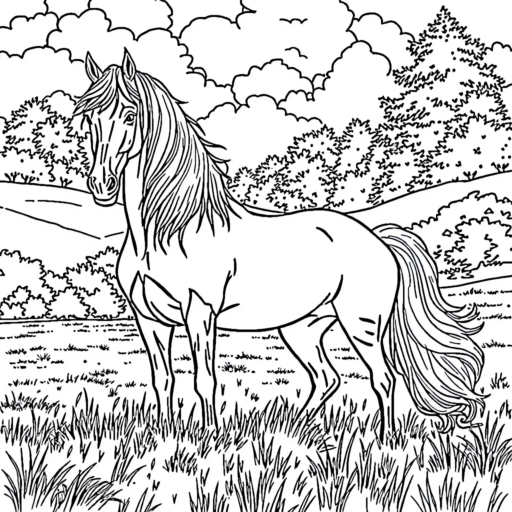 Horse standing in a meadow with trees Coloring Page (free black-and-white line drawing printable PDF for all, from beginners to advanced learners, including children, teens, adults, and seniors)