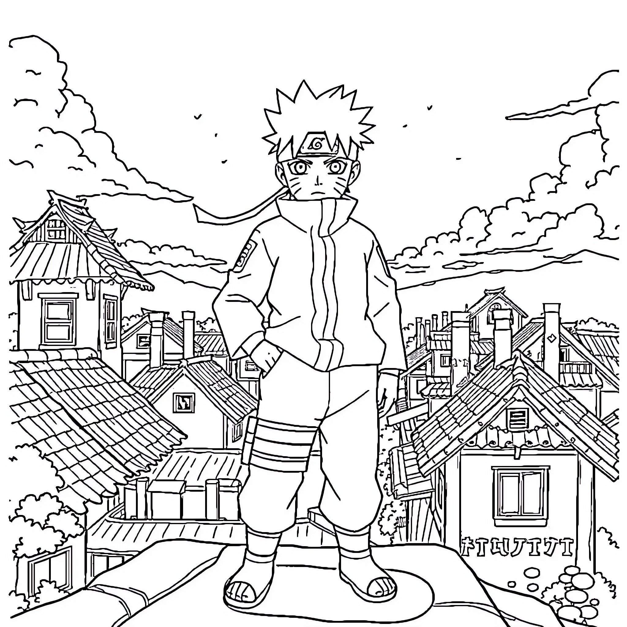 Naruto Exploring the Vibrant Village Landscape Coloring Page (free black-and-white line drawing printable PDF for all, from beginners to advanced learners, including children, teens, adults, and seniors)