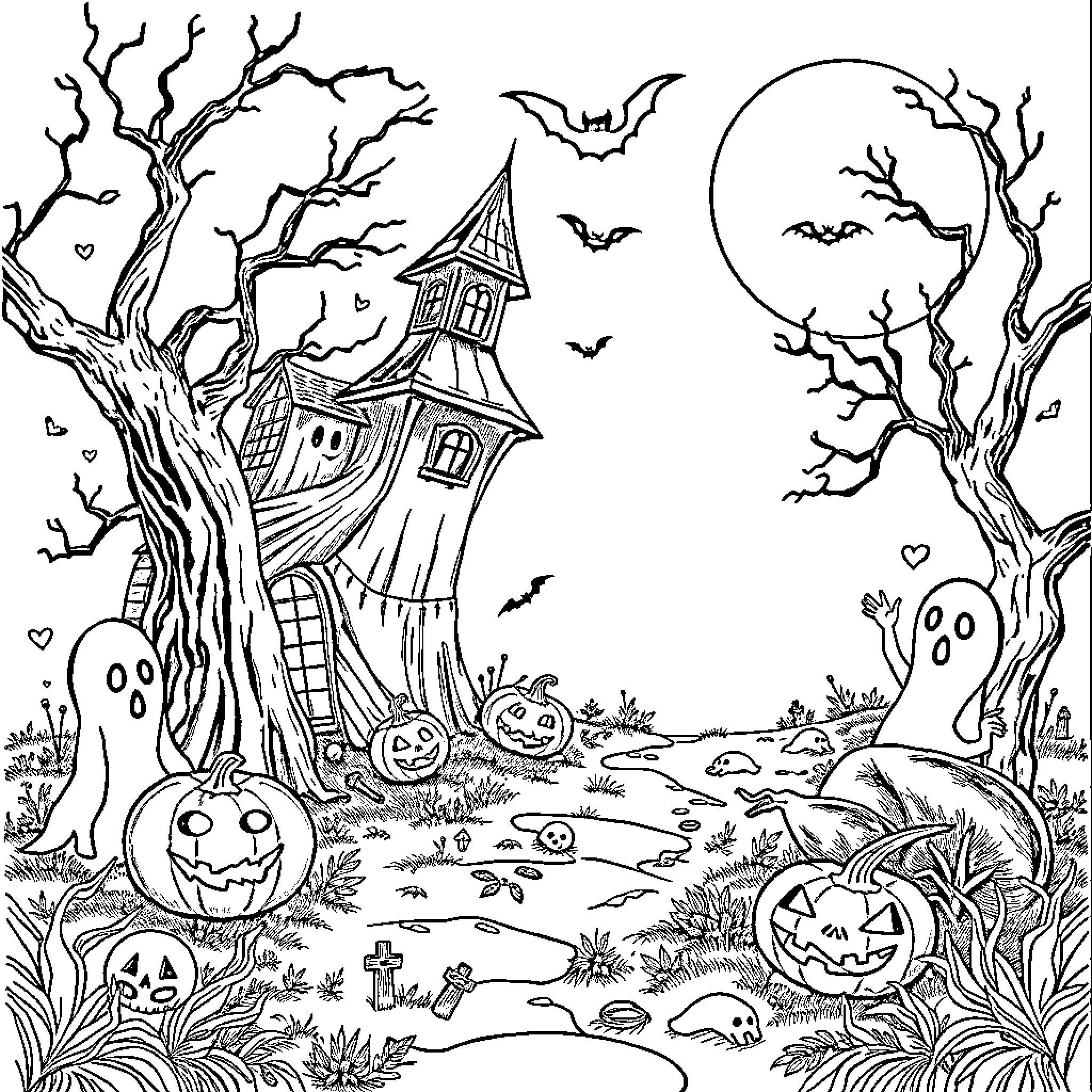 Halloween Haunted House with Spooky Decorations Coloring Page (free black-and-white line drawing printable PDF for all, from beginners to advanced learners, including children, teens, adults, and seniors)