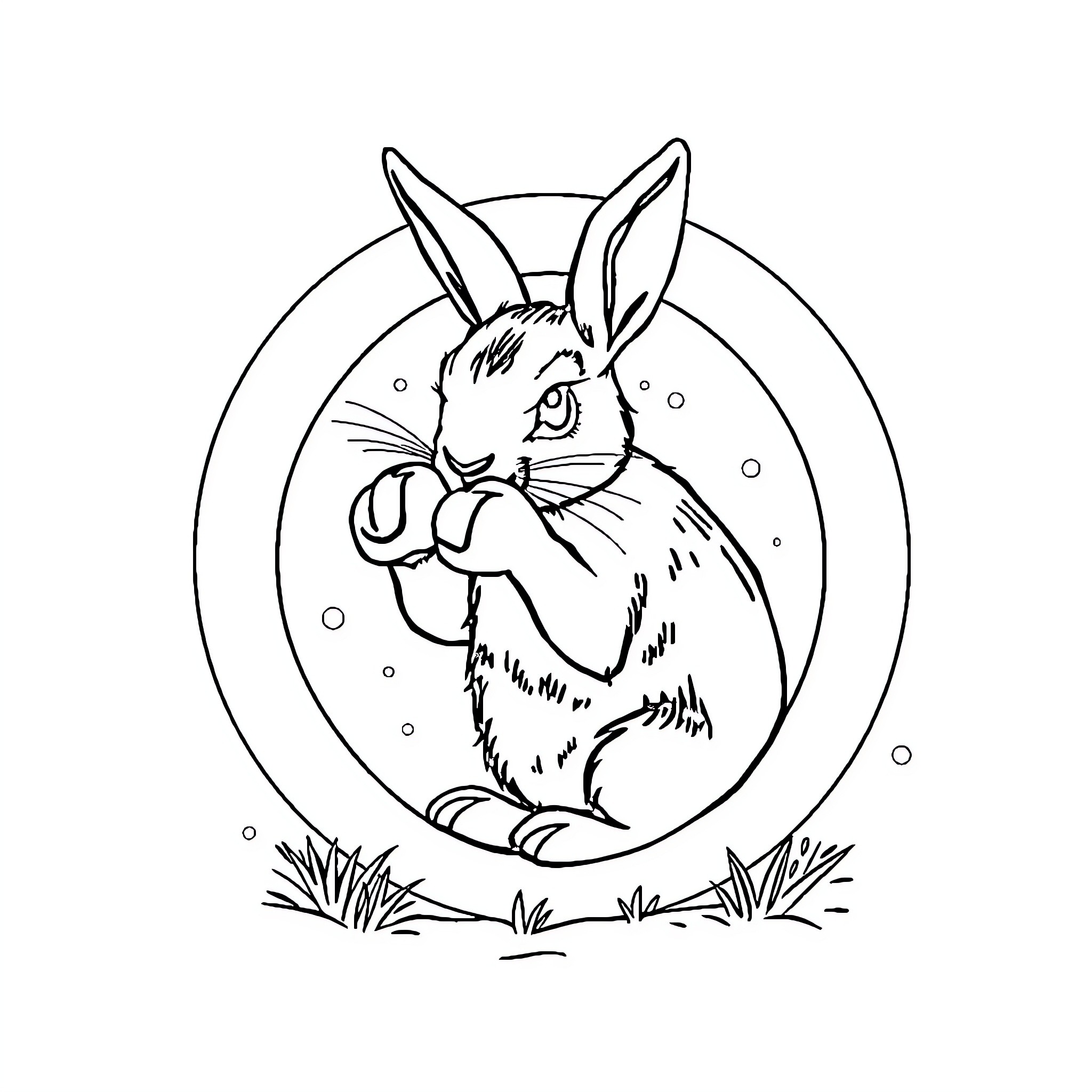 Frog Boxing with Determined Rabbit Stance Coloring Page (free black-and-white line drawing printable PDF for all, from beginners to advanced learners, including children, teens, adults, and seniors)
