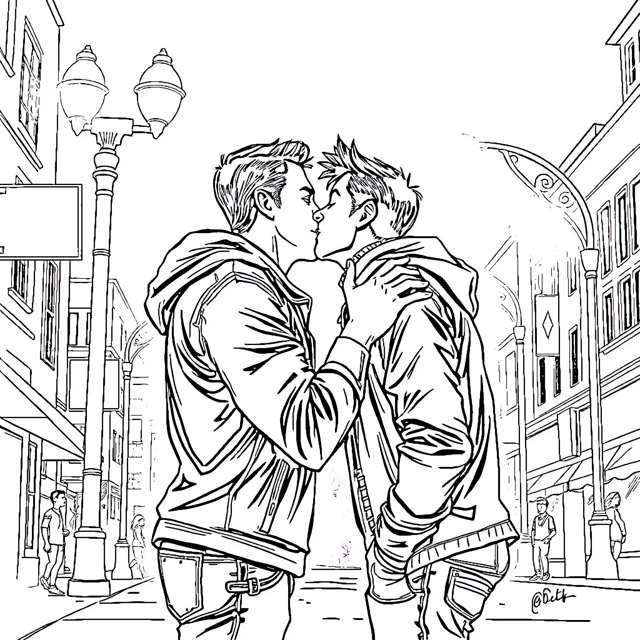 Dude, a loving embrace in the city streets Coloring Page (free black-and-white line drawing printable PDF for all, from beginners to advanced learners, including children, teens, adults, and seniors)