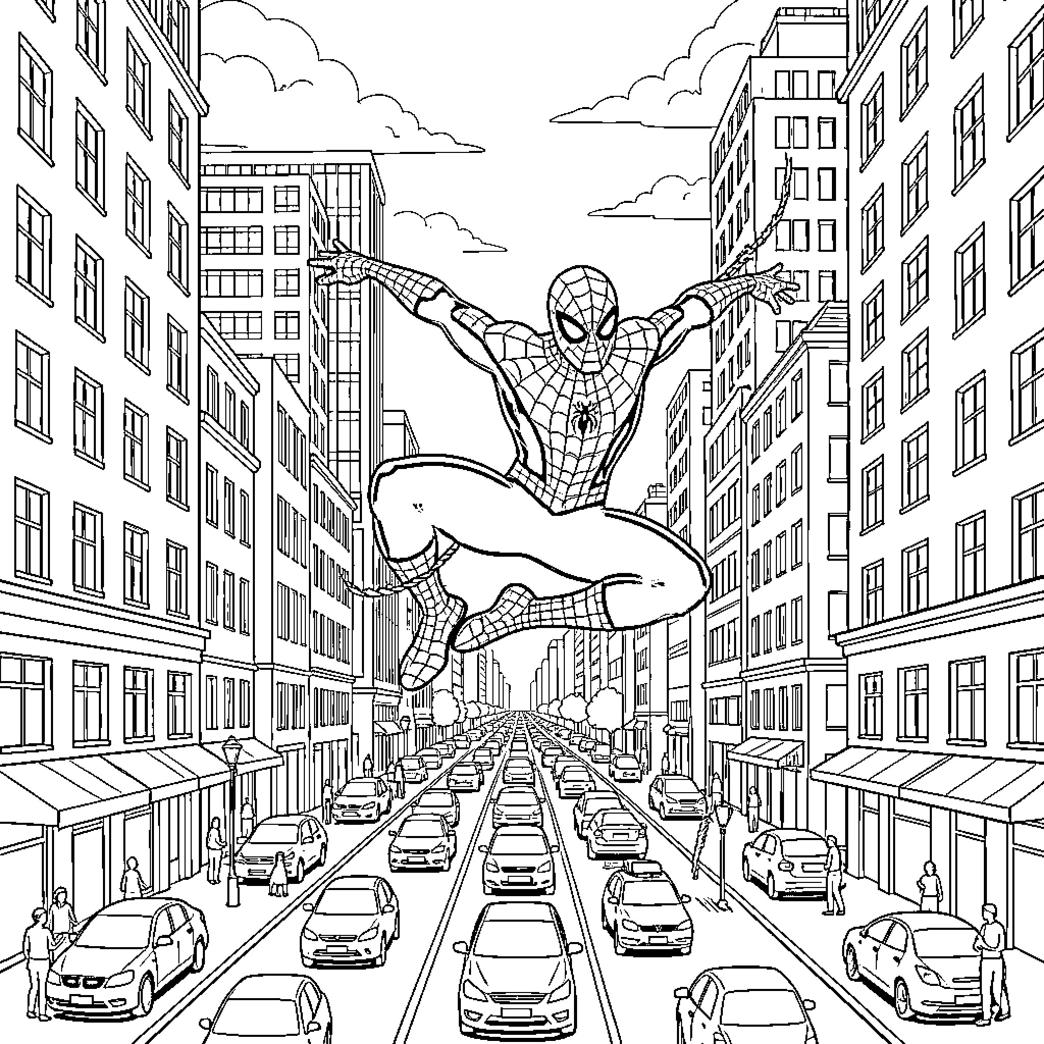 Spiderman swinging through the city streets Coloring Page (free black-and-white line drawing printable PDF for all, from beginners to advanced learners, including children, teens, adults, and seniors)
