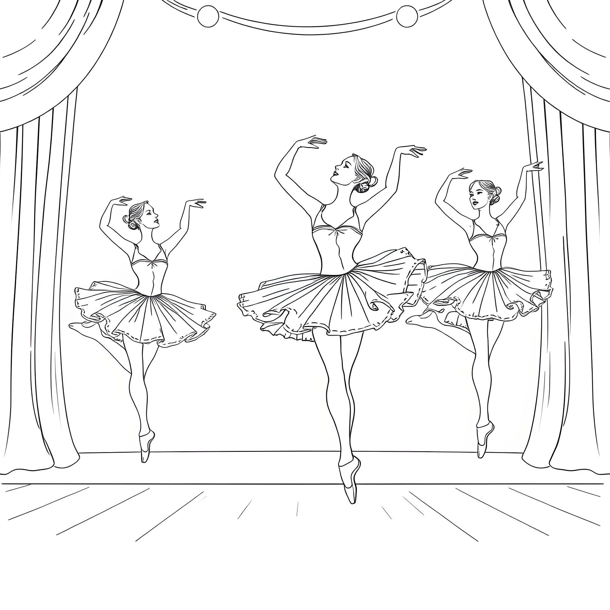 Ballet dancers performing on stage Coloring Page (free black-and-white line drawing printable PDF for all, from beginners to advanced learners, including children, teens, adults, and seniors)