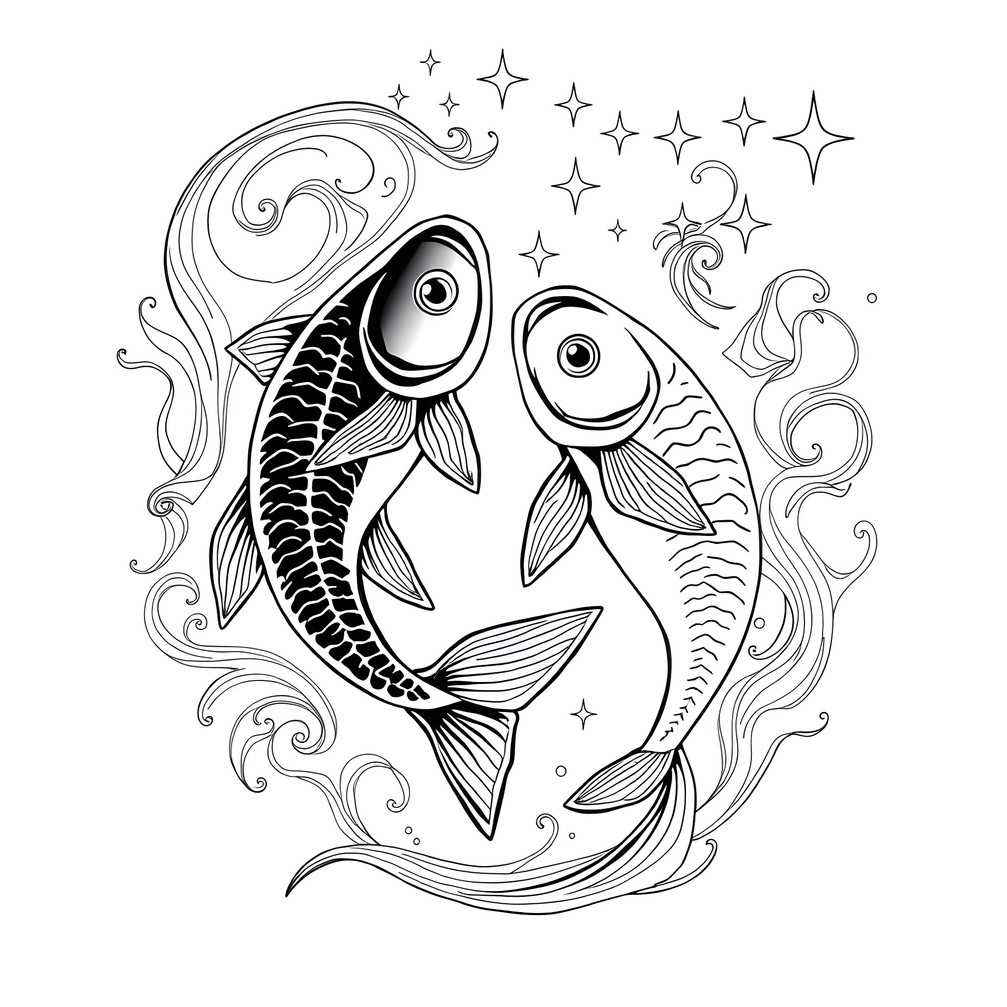 Pisces swimming among stars and swirls Coloring Page (free black-and-white line drawing printable PDF for all, from beginners to advanced learners, including children, teens, adults, and seniors)