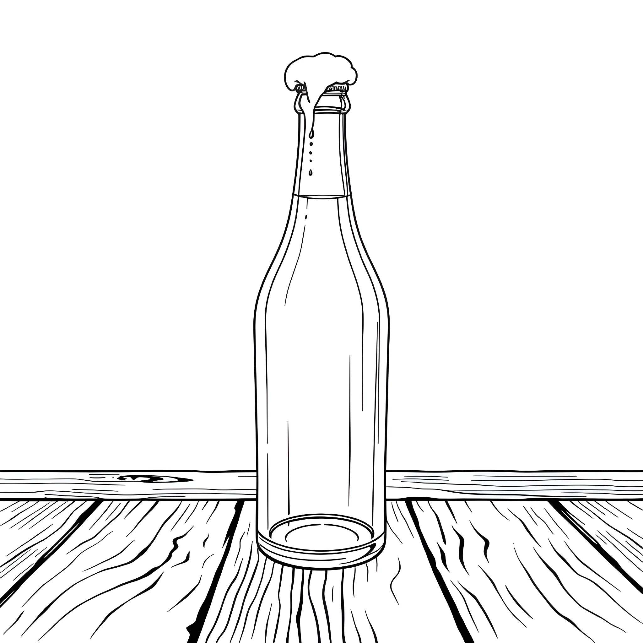 Beer bottle on wooden table Coloring Page (free black-and-white line drawing printable PDF for all, from beginners to advanced learners, including children, teens, adults, and seniors)
