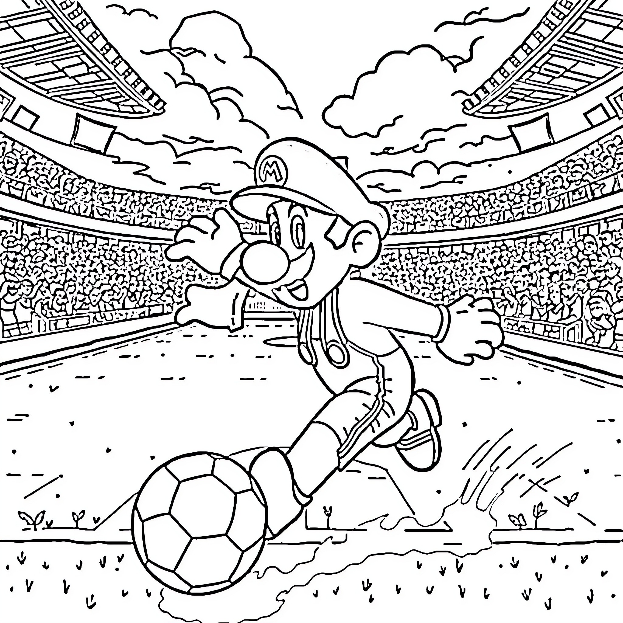 Mario playing soccer in the stadium Coloring Page (free black-and-white line drawing printable PDF for all, from beginners to advanced learners, including children, teens, adults, and seniors)