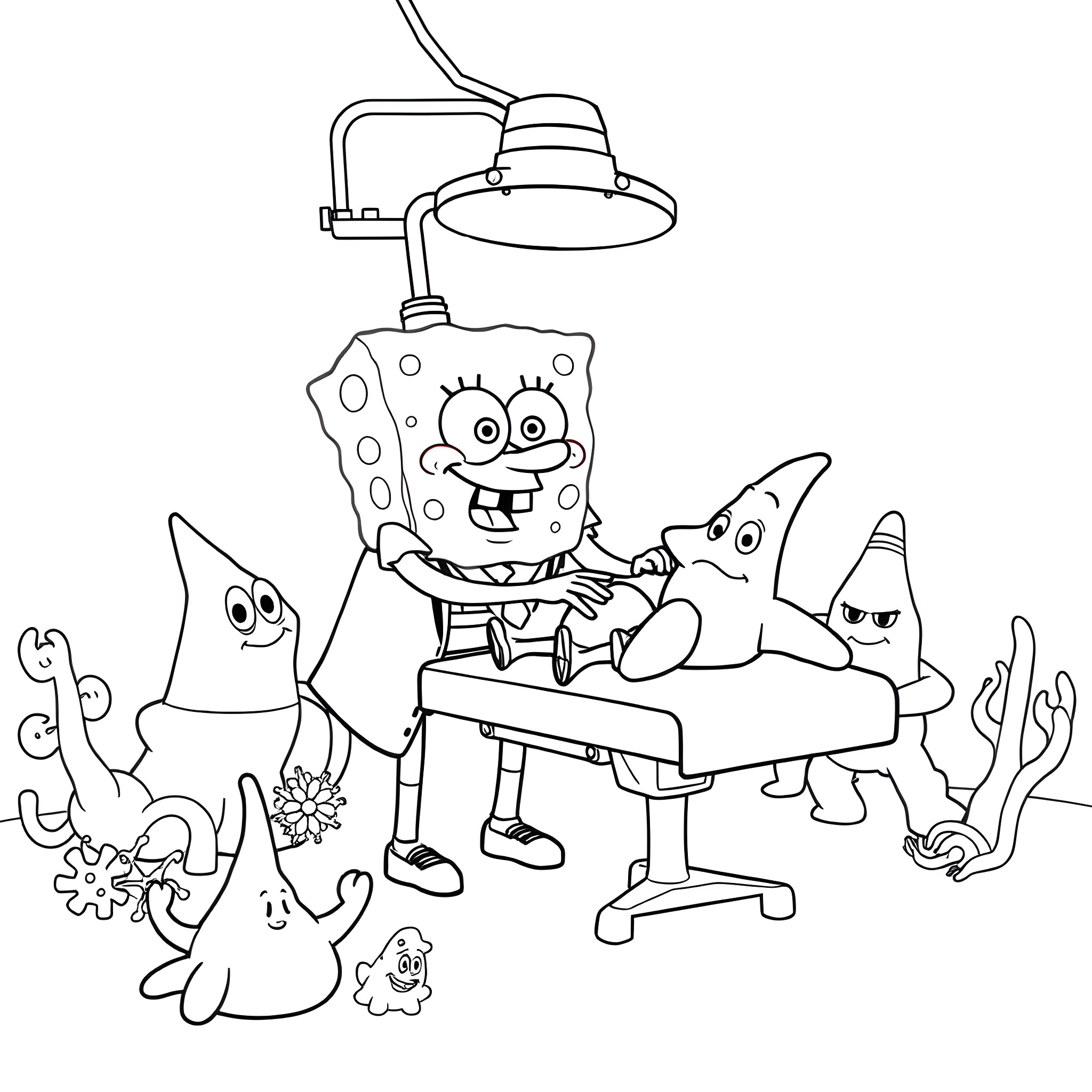 Spongebob and friends in a strange medical examination Coloring Page (free black-and-white line drawing printable PDF for all, from beginners to advanced learners, including children, teens, adults, and seniors)