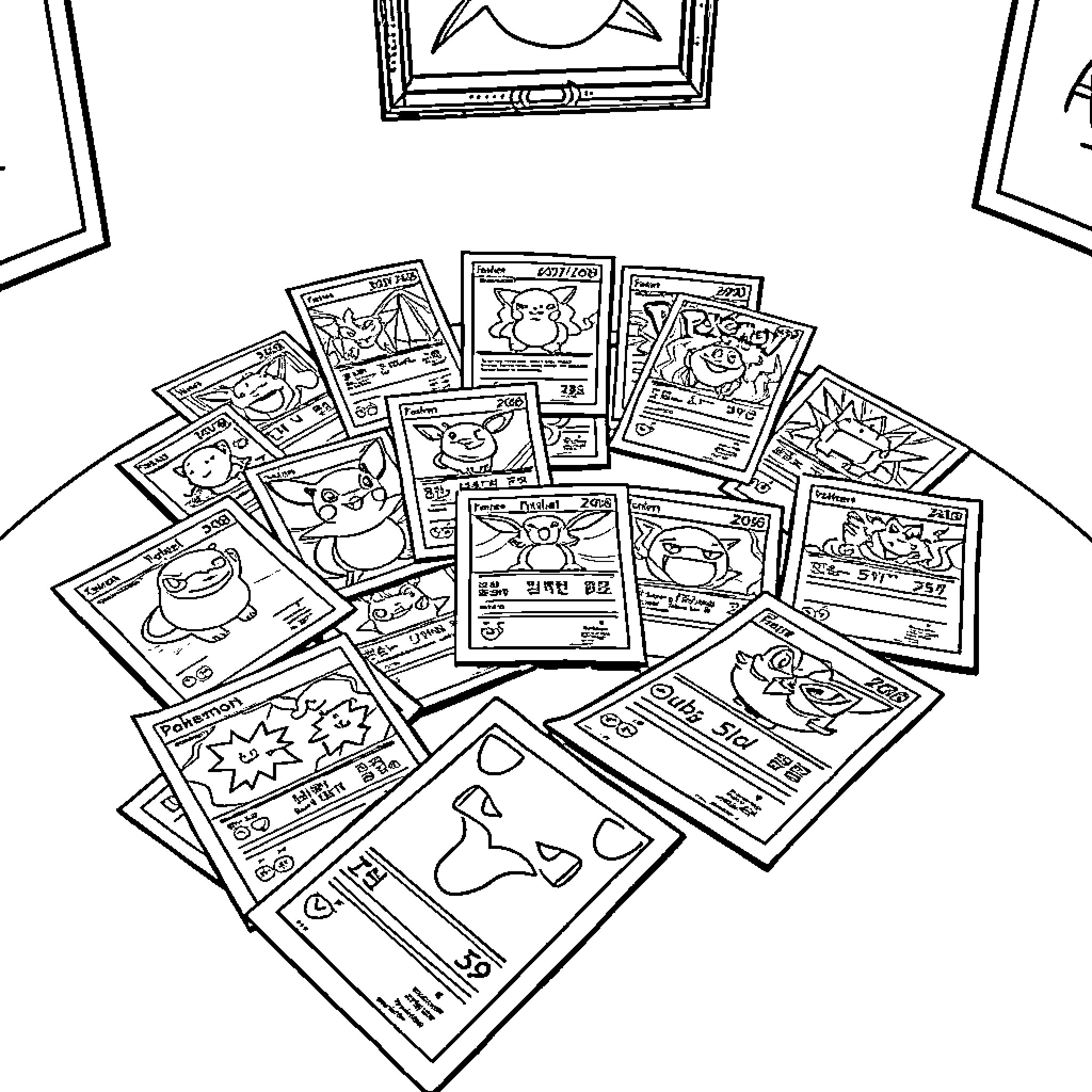 Pokemon Card Characters and Scenes Coloring Page (free black-and-white line drawing printable PDF for all, from beginners to advanced learners, including children, teens, adults, and seniors)