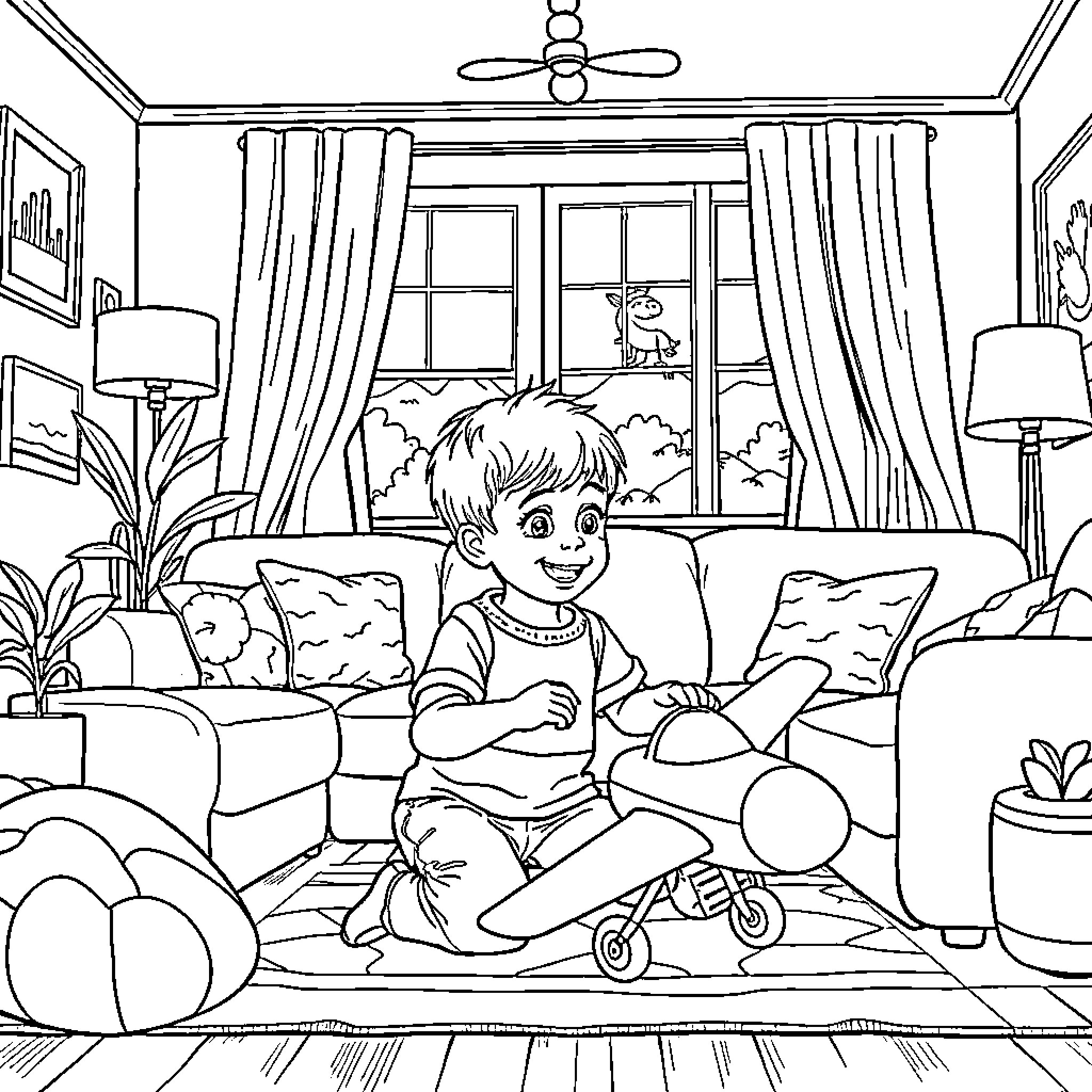Boy playing with toys in cozy living room Coloring Page (free black-and-white line drawing printable PDF for all, from beginners to advanced learners, including children, teens, adults, and seniors)
