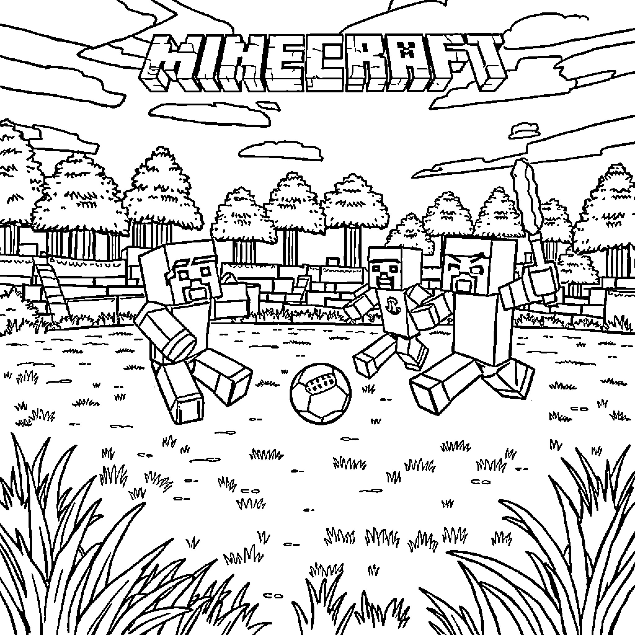 Minecraft Character Playing Soccer in Outdoor Landscape Coloring Page (free black-and-white line drawing printable PDF for all, from beginners to advanced learners, including children, teens, adults, and seniors)