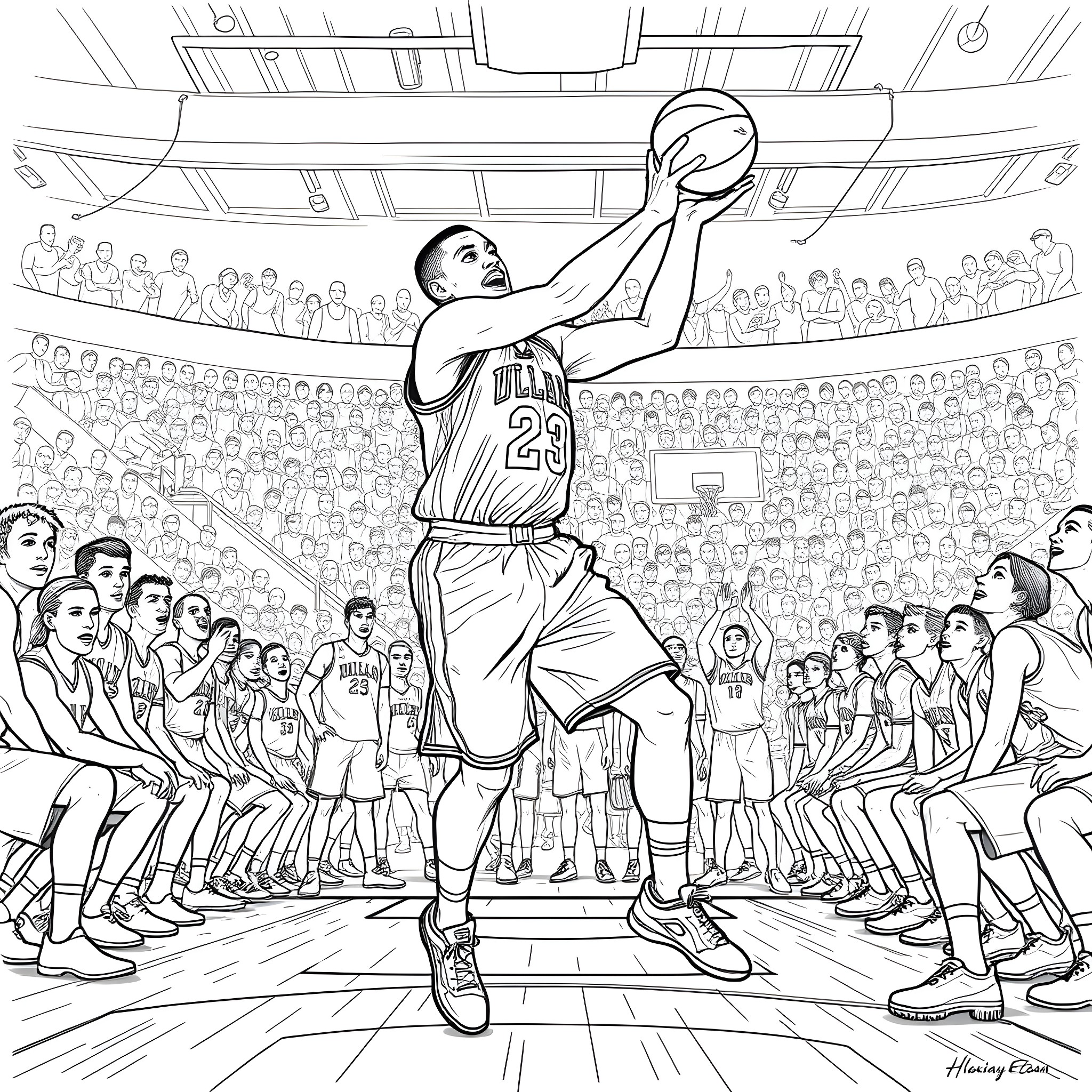 Jason Williams performing basketball moves in a crowded stadium Coloring Page (free black-and-white line drawing printable PDF for all, from beginners to advanced learners, including children, teens, adults, and seniors)