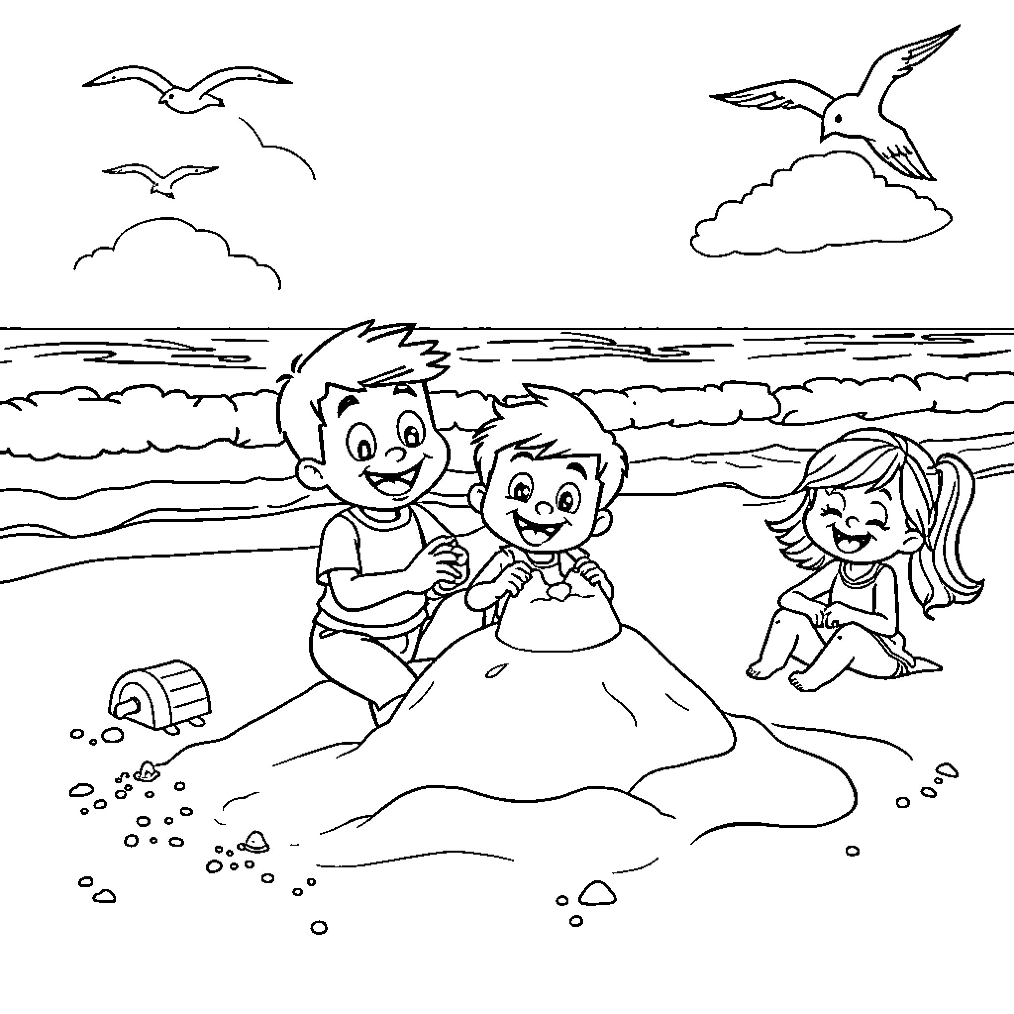Bluey's Seaside Adventure Coloring Page (free black-and-white line drawing printable PDF for all, from beginners to advanced learners, including children, teens, adults, and seniors)
