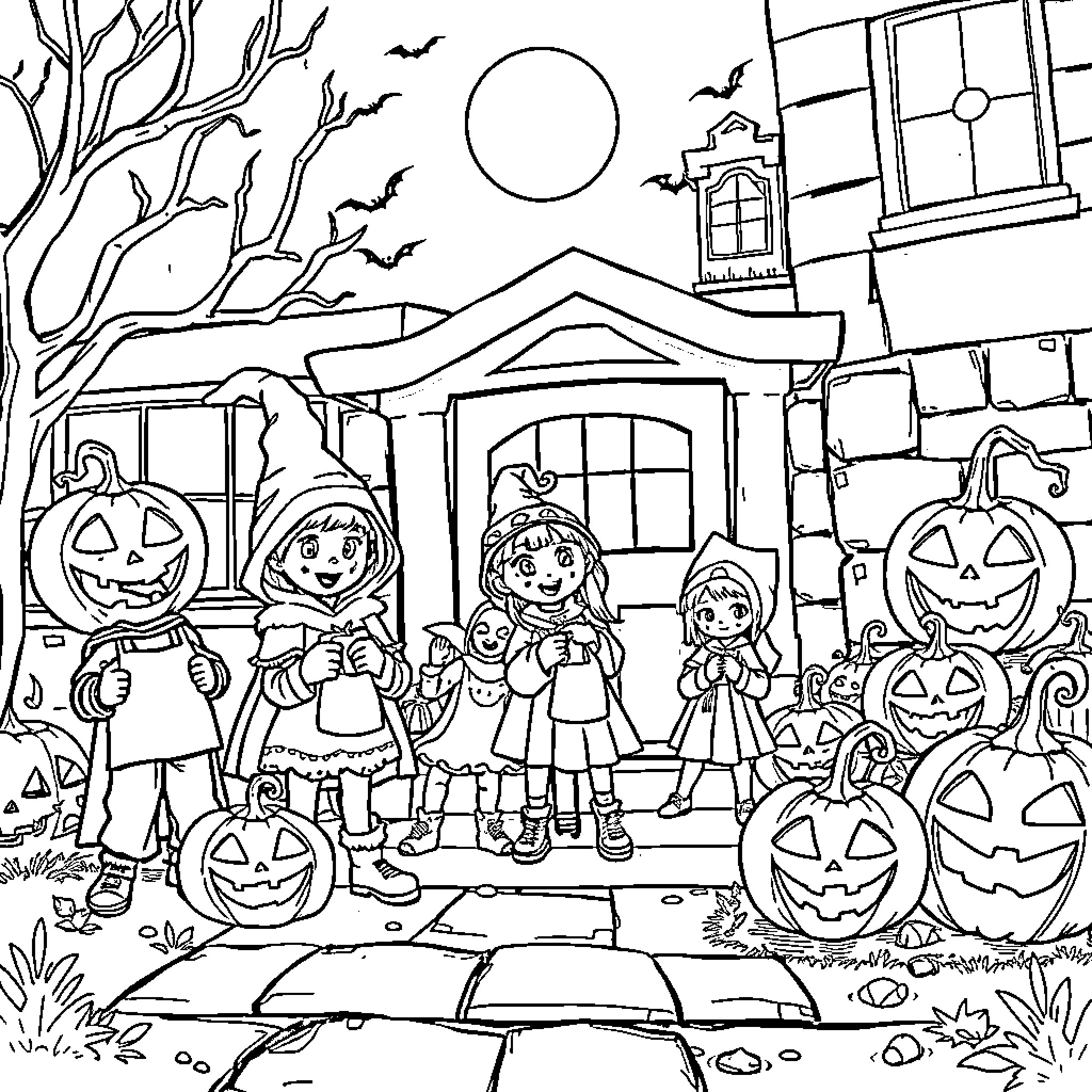 Halloween Night Trick-or-Treating in the Neighborhood Coloring Page (free black-and-white line drawing printable PDF for all, from beginners to advanced learners, including children, teens, adults, and seniors)