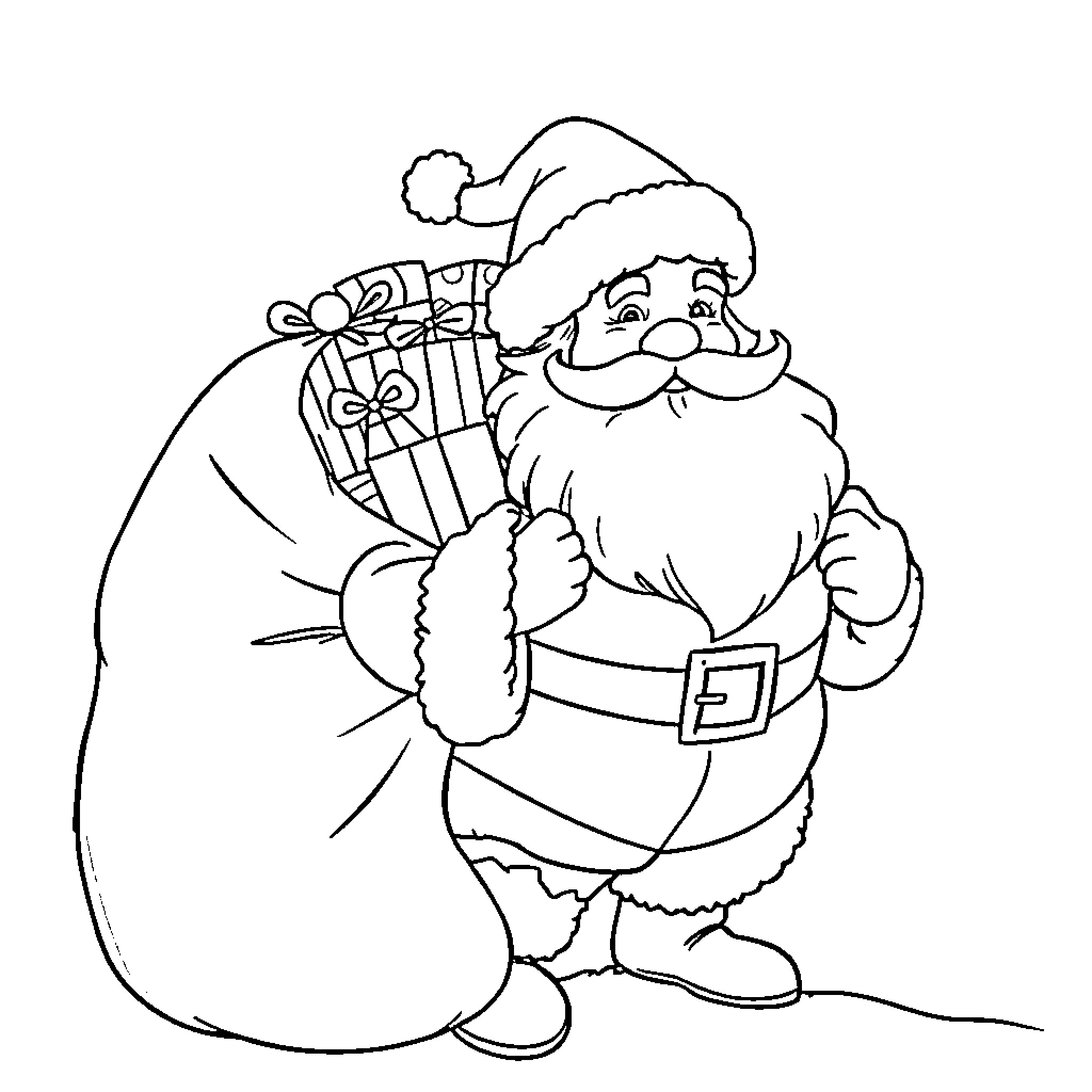 Santa Claus carrying presents with joy Coloring Page (free black-and-white line drawing printable PDF for all, from beginners to advanced learners, including children, teens, adults, and seniors)