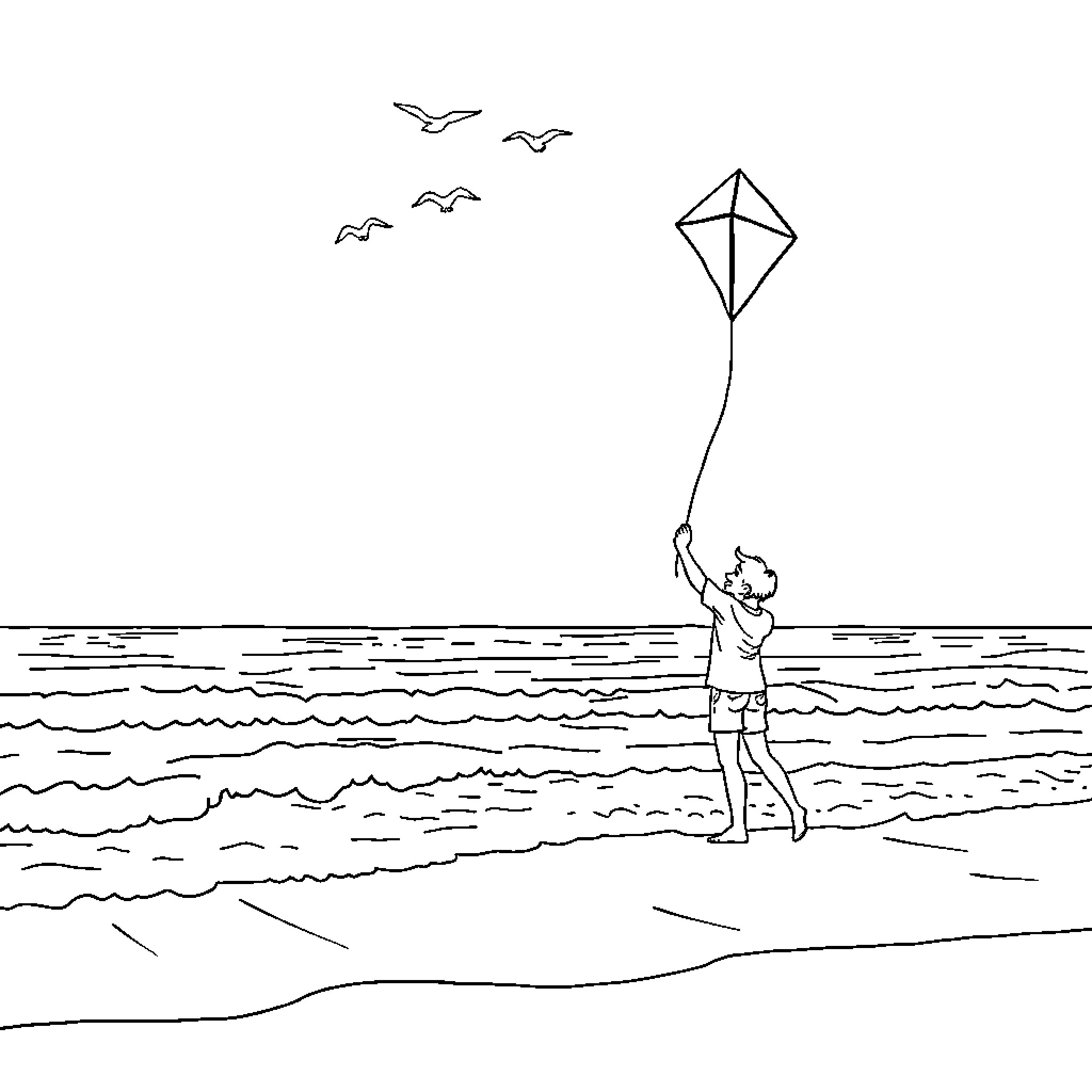 Kite soaring above the waves by the beach Coloring Page (free black-and-white line drawing printable PDF for all, from beginners to advanced learners, including children, teens, adults, and seniors)