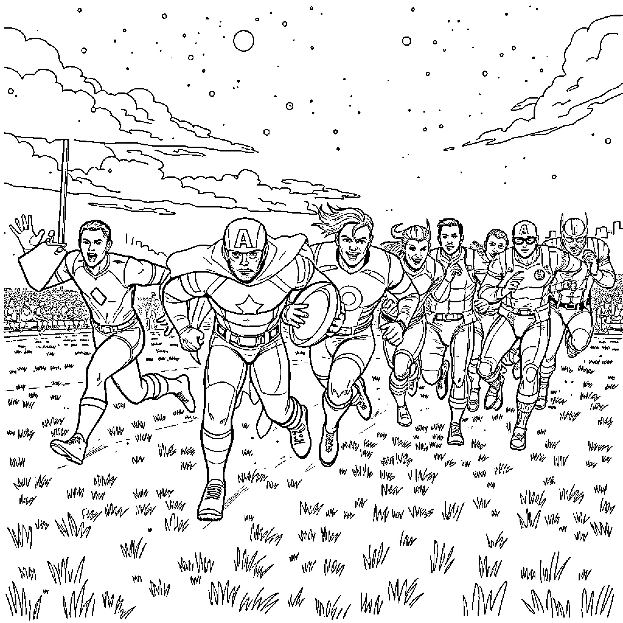 Avenger heroes in action-packed outdoor scene Coloring Page (free black-and-white line drawing printable PDF for all, from beginners to advanced learners, including children, teens, adults, and seniors)