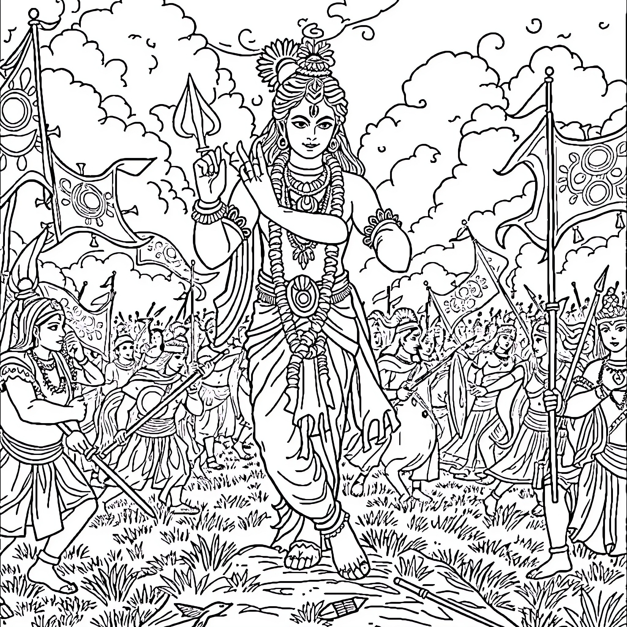 Krishna's majestic appearance amidst the devotional gathering Coloring Page (free black-and-white line drawing printable PDF for all, from beginners to advanced learners, including children, teens, adults, and seniors)