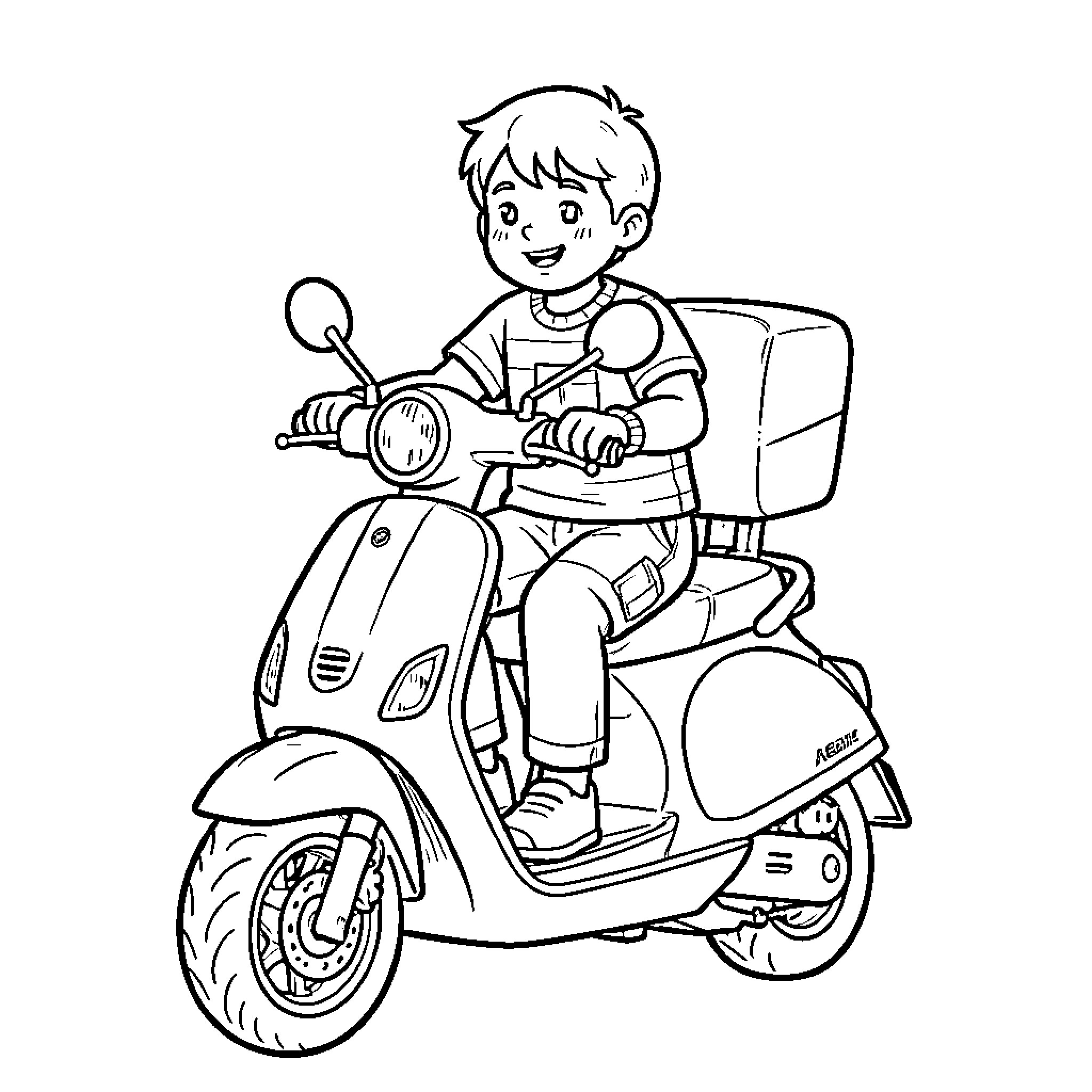 Electric Scooter being ridden by a smiling young boy Coloring Page (free black-and-white line drawing printable PDF for all, from beginners to advanced learners, including children, teens, adults, and seniors)