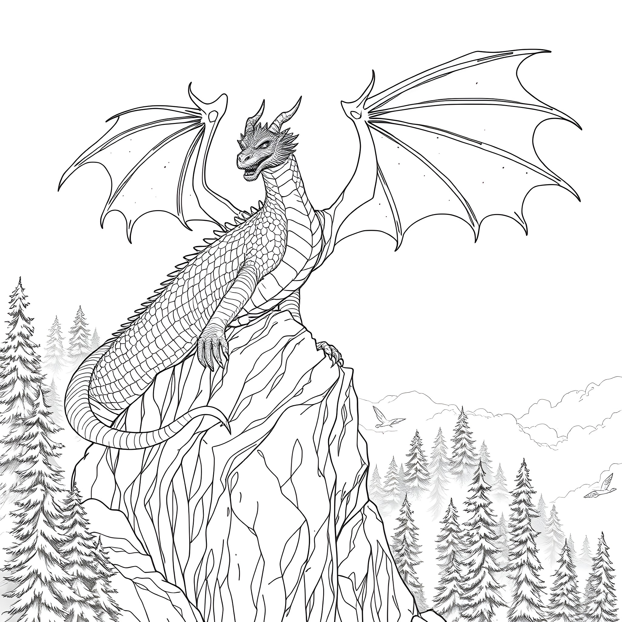 Dragon soaring above the snowy mountains Coloring Page (free black-and-white line drawing printable PDF for all, from beginners to advanced learners, including children, teens, adults, and seniors)