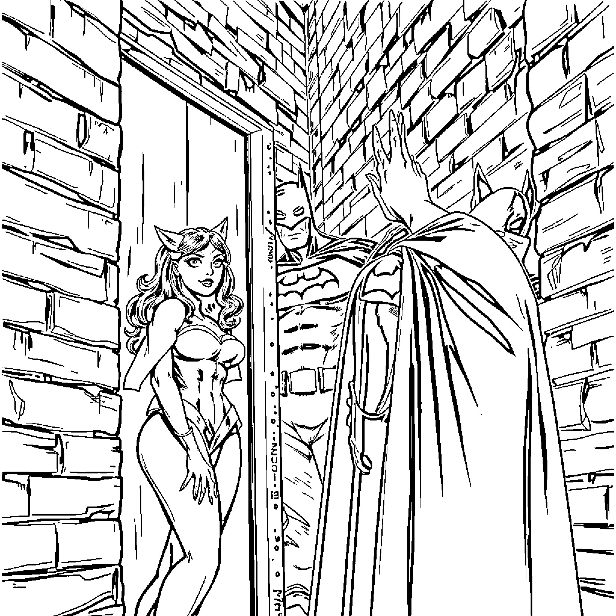 Cat Woman confronts a mysterious caped figure in a dark alley Coloring Page (free black-and-white line drawing printable PDF for all, from beginners to advanced learners, including children, teens, adults, and seniors)