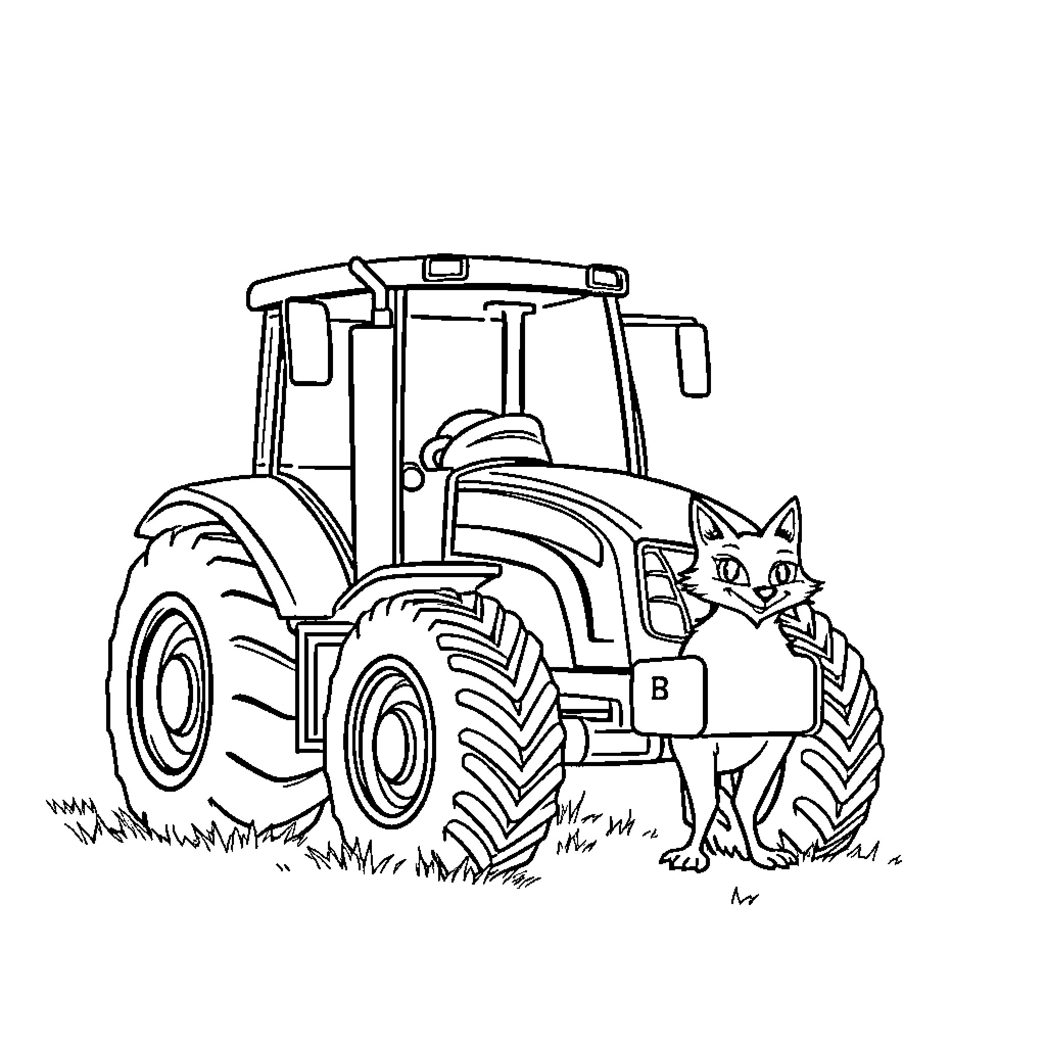 Tractor with cat in the field Coloring Page (free black-and-white line drawing printable PDF for all, from beginners to advanced learners, including children, teens, adults, and seniors)