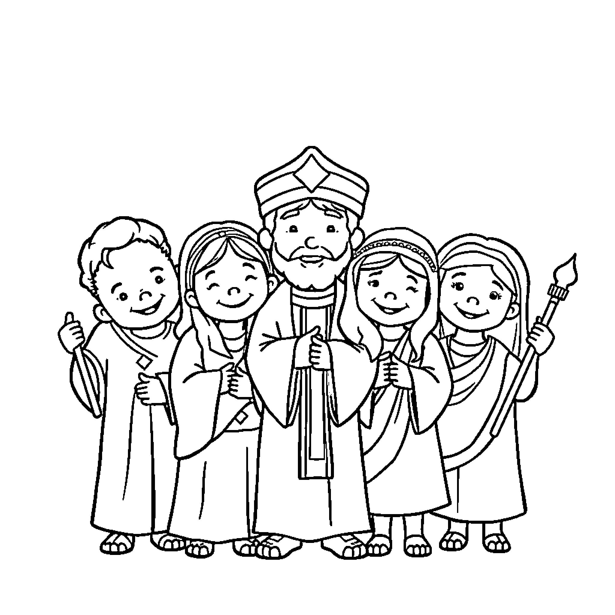 Religion: Joyful religious group gathering Coloring Page (free black-and-white line drawing printable PDF for all, from beginners to advanced learners, including children, teens, adults, and seniors)