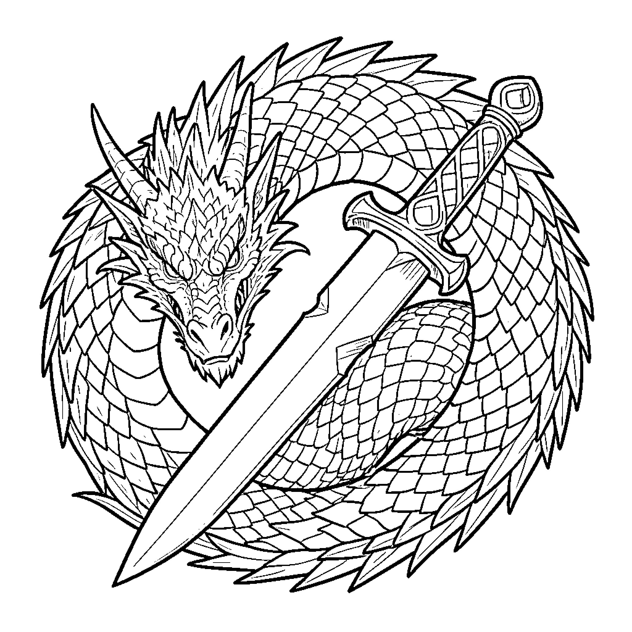 Dragon wielding a sword in fierce combat Coloring Page (free black-and-white line drawing printable PDF for all, from beginners to advanced learners, including children, teens, adults, and seniors)
