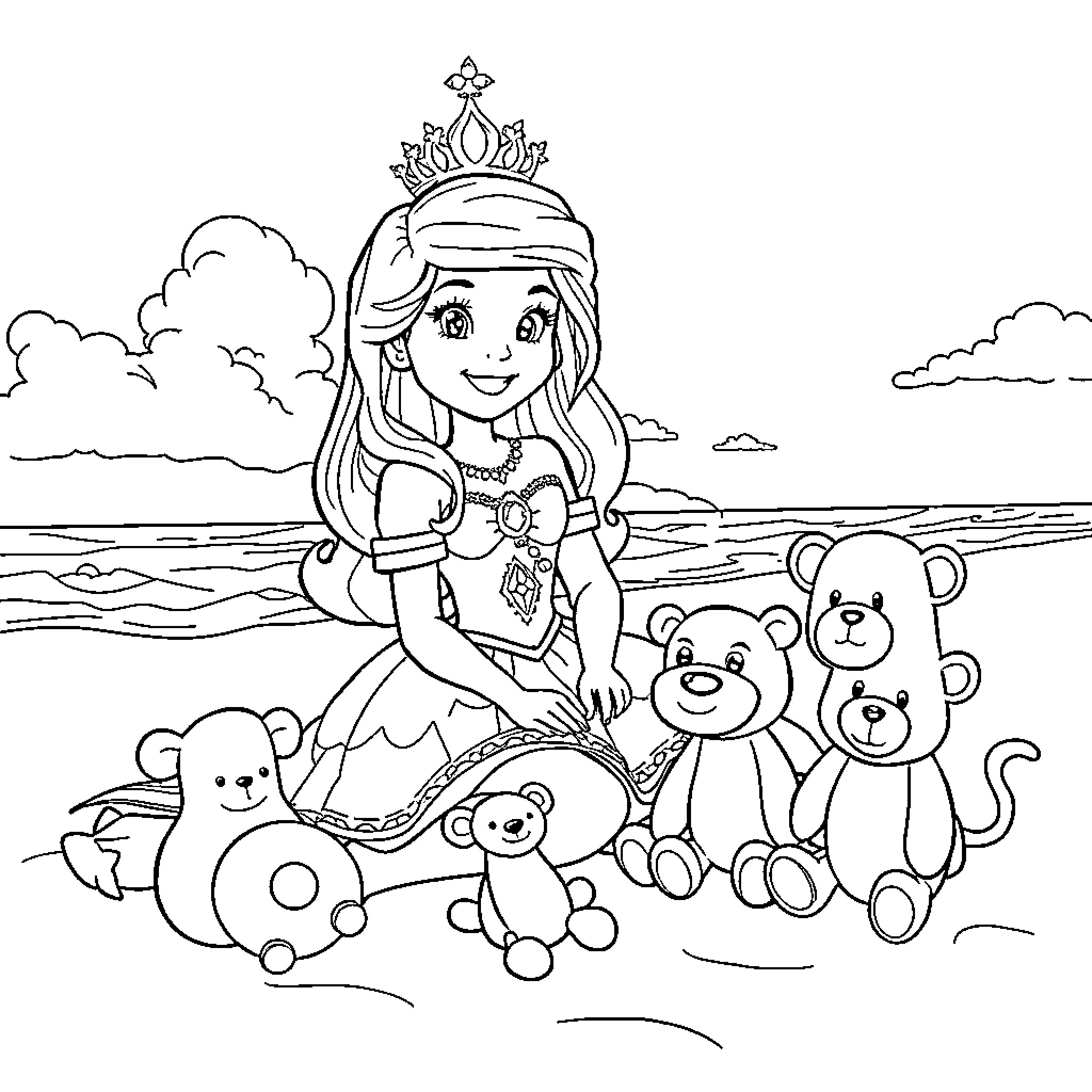 Princess Surrounded by Cute Plush Toys on the Beach Coloring Page (free black-and-white line drawing printable PDF for all, from beginners to advanced learners, including children, teens, adults, and seniors)