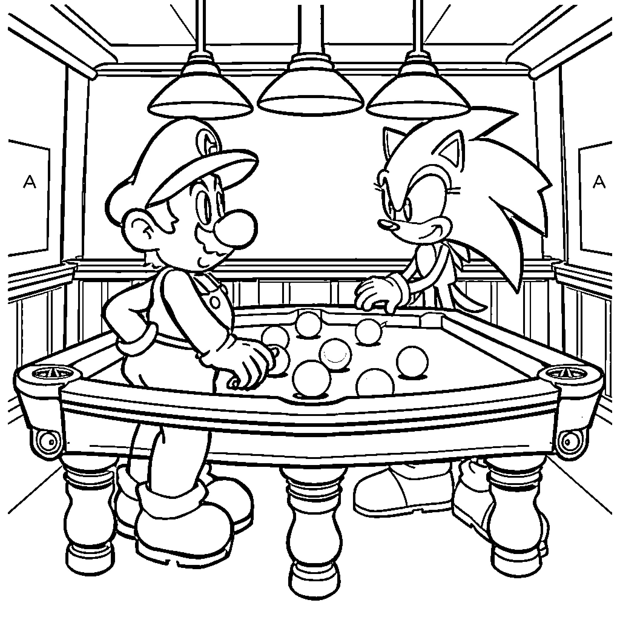 Mario and Sonic playing billiards together Coloring Page (free black-and-white line drawing printable PDF for all, from beginners to advanced learners, including children, teens, adults, and seniors)