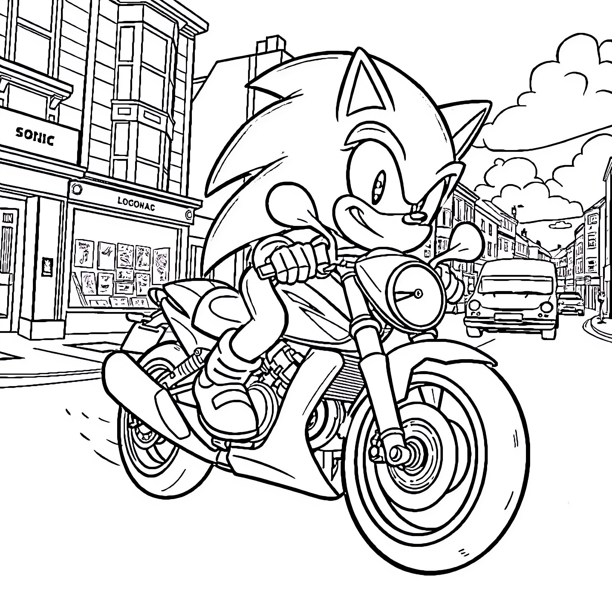 Sonic's Thrilling Motorcycle Adventure in the City Coloring Page (free black-and-white line drawing printable PDF for all, from beginners to advanced learners, including children, teens, adults, and seniors)
