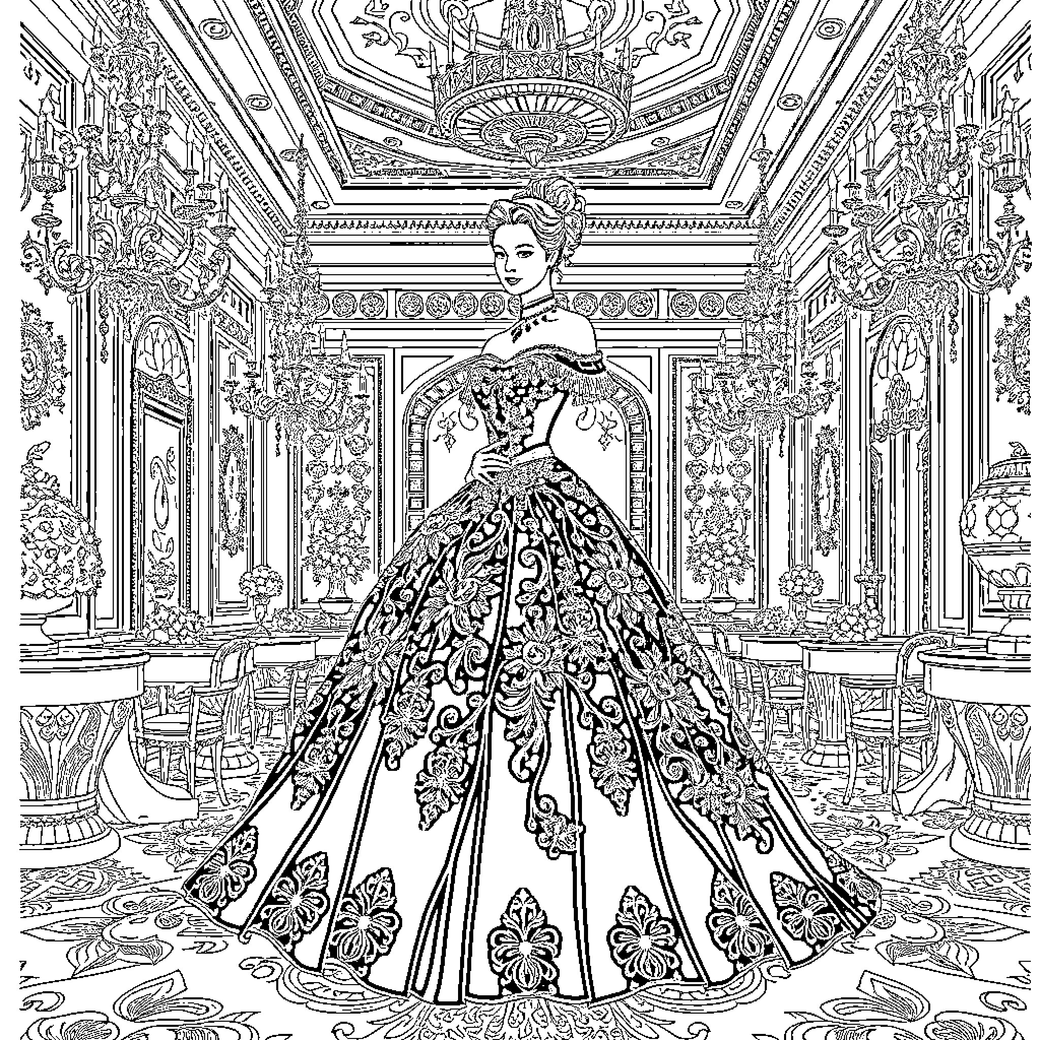 Lady in Ornate Ballroom Gown Coloring Page (free black-and-white line drawing printable PDF for all, from beginners to advanced learners, including children, teens, adults, and seniors)