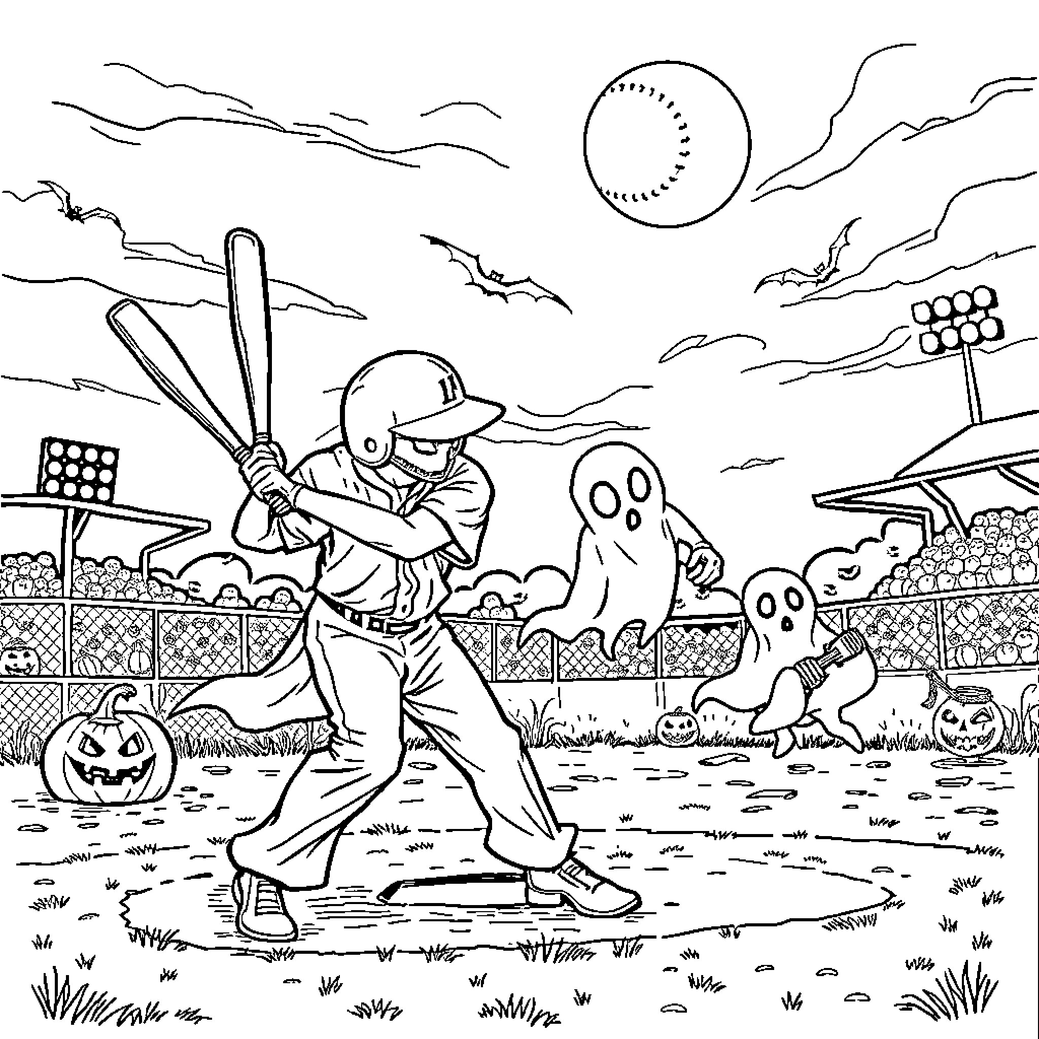 Baseball game with ghostly players during Halloween Coloring Page (free black-and-white line drawing printable PDF for all, from beginners to advanced learners, including children, teens, adults, and seniors)