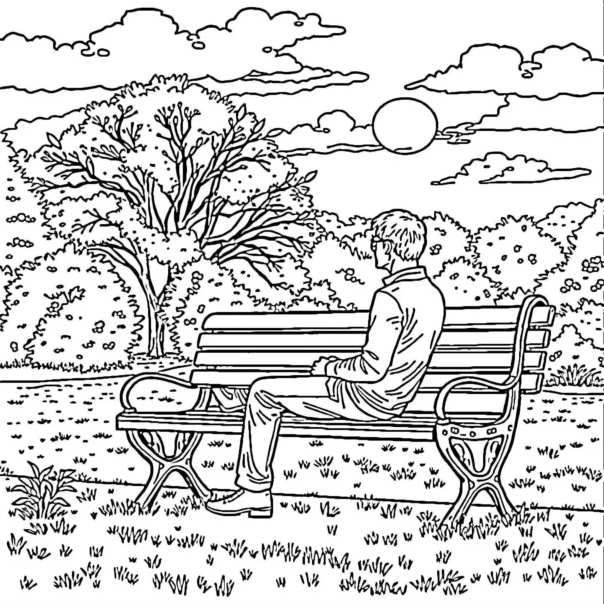Man sitting alone on bench in park Coloring Page (free black-and-white line drawing printable PDF for all, from beginners to advanced learners, including children, teens, adults, and seniors)
