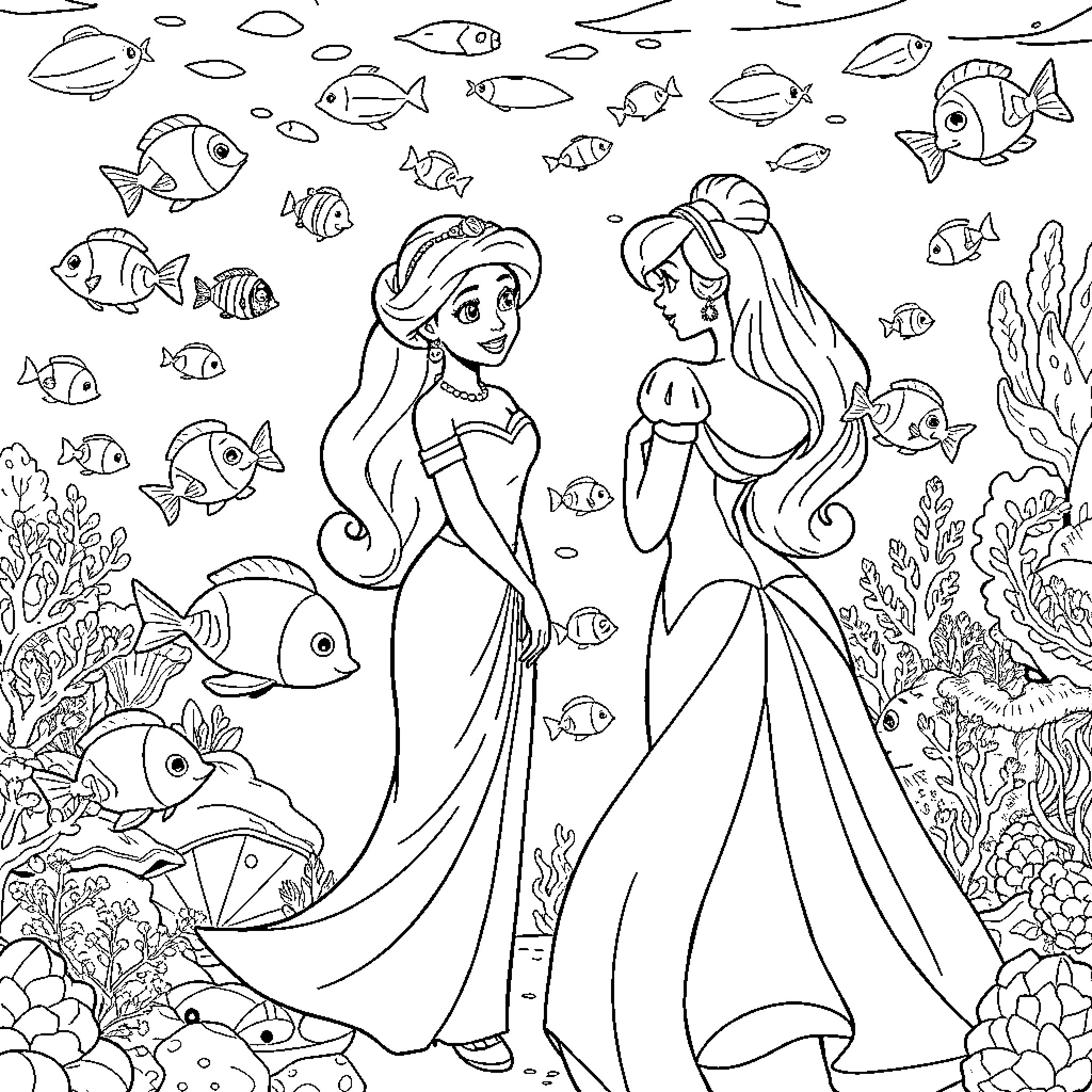 Disney Princess Under the Sea Adventure Coloring Page (free black-and-white line drawing printable PDF for all, from beginners to advanced learners, including children, teens, adults, and seniors)