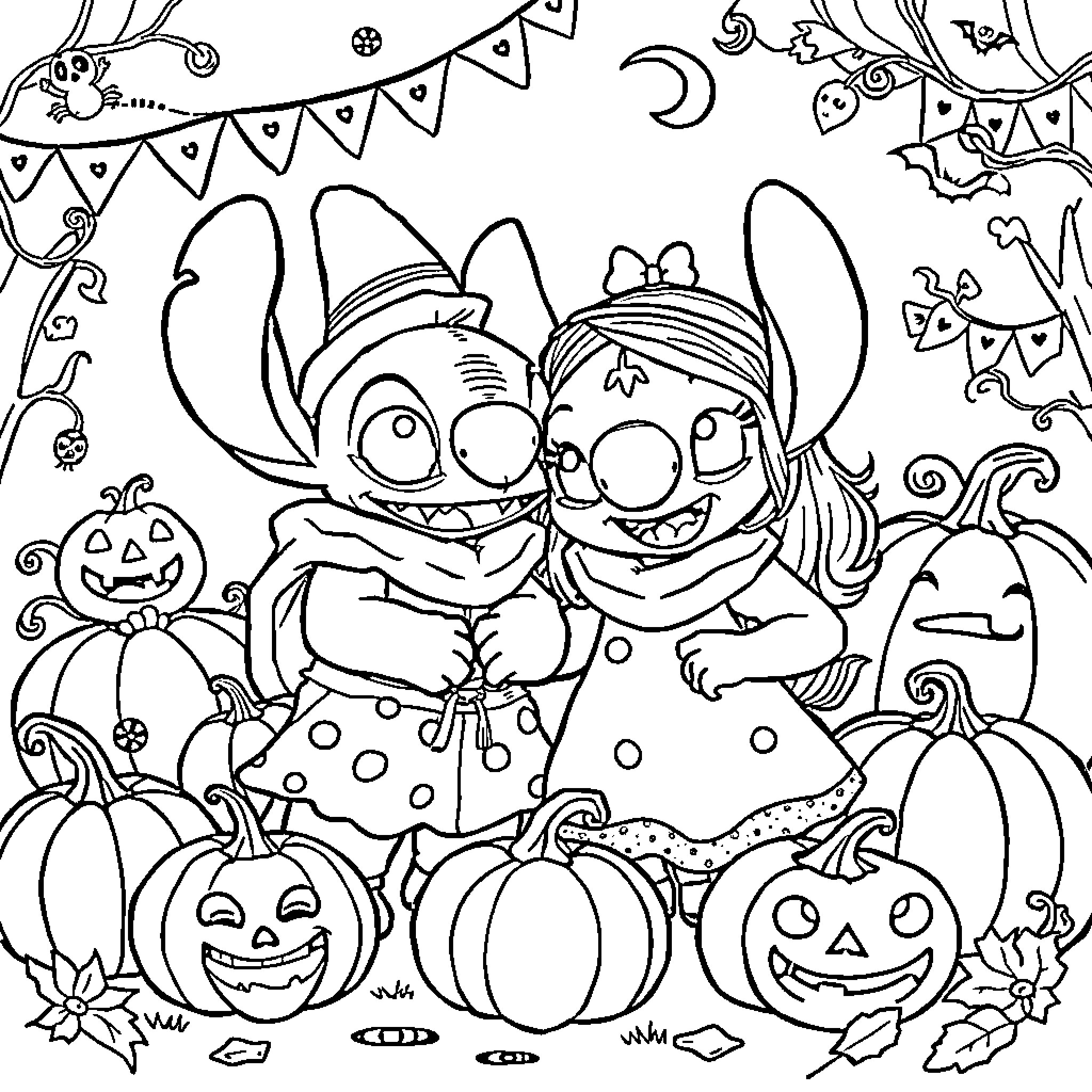 Lilo And Stitch Celebrate Halloween with Friends Coloring Page (free black-and-white line drawing printable PDF for all, from beginners to advanced learners, including children, teens, adults, and seniors)
