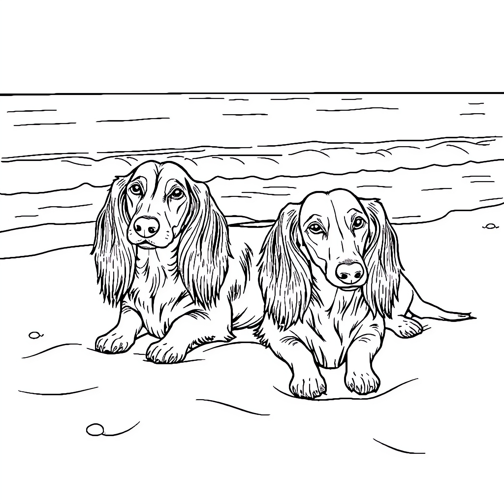 Dachshund dogs relaxing on the beach Coloring Page (free black-and-white line drawing printable PDF for all, from beginners to advanced learners, including children, teens, adults, and seniors)