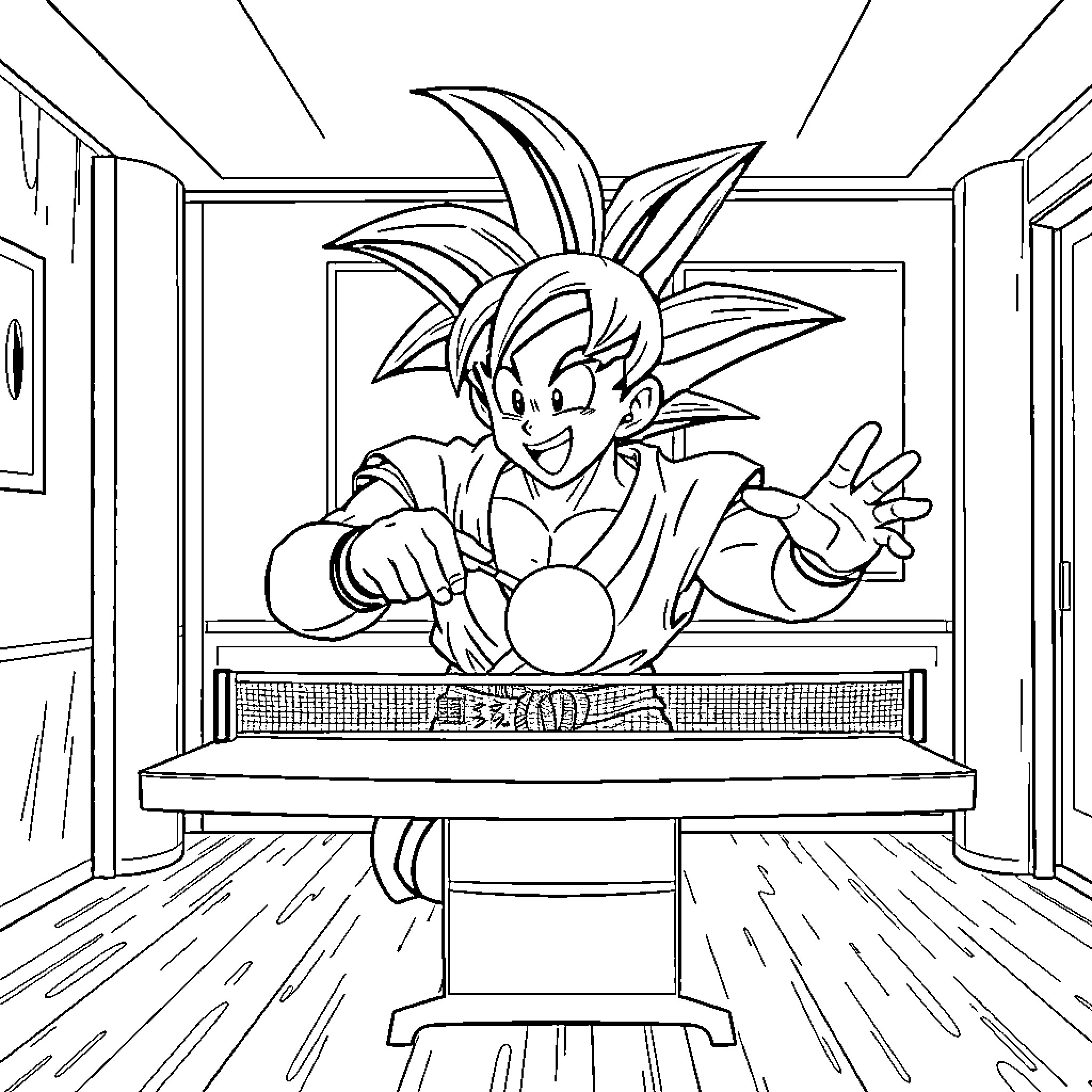Goku Playing Table Tennis with Enthusiasm Coloring Page (free black-and-white line drawing printable PDF for all, from beginners to advanced learners, including children, teens, adults, and seniors)