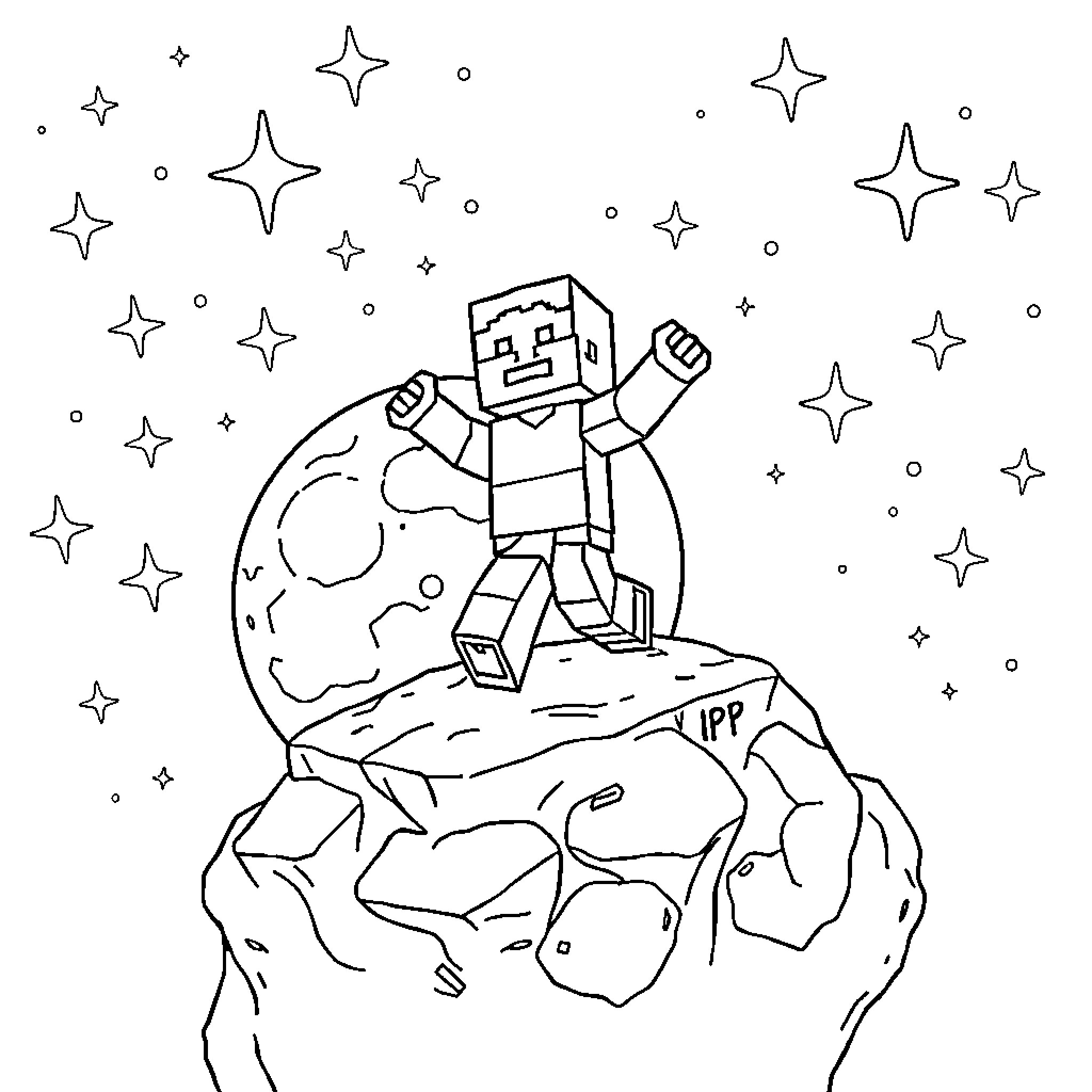 Steve exploring the galaxy with curiosity Coloring Page (free black-and-white line drawing printable PDF for all, from beginners to advanced learners, including children, teens, adults, and seniors)
