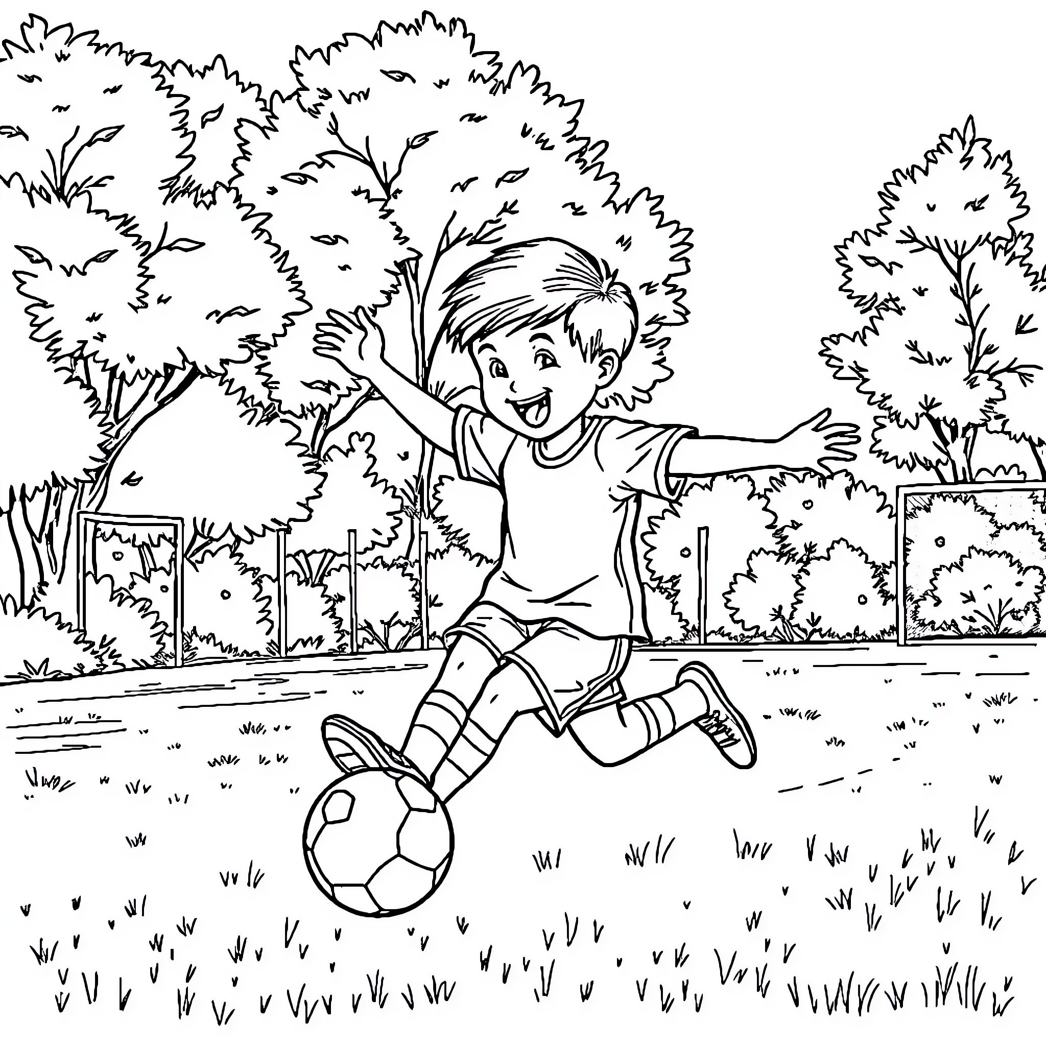 Child playing joyfully with soccer ball in the park Coloring Page (free black-and-white line drawing printable PDF for all, from beginners to advanced learners, including children, teens, adults, and seniors)