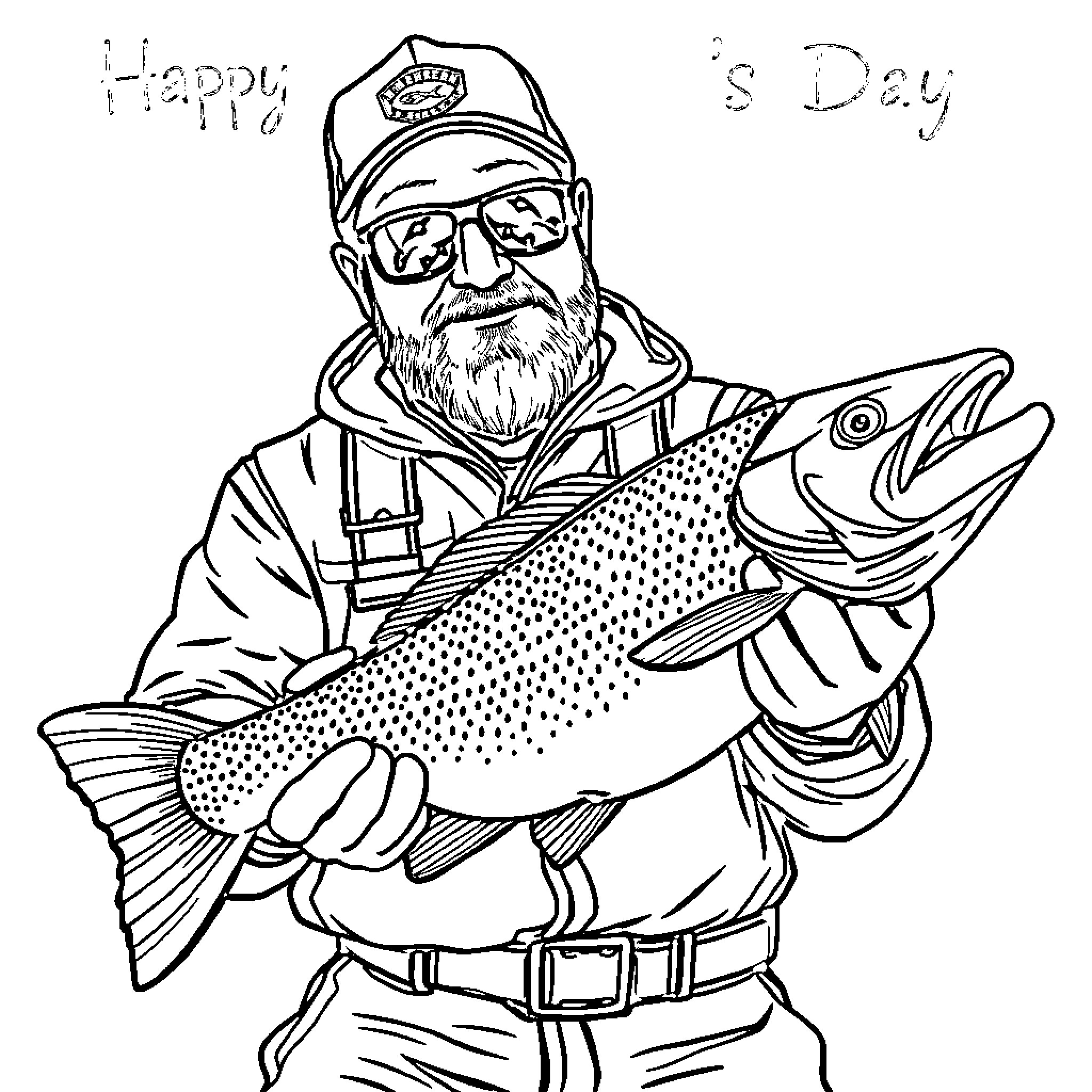 Trout fisherman happily displaying his catch Coloring Page (free black-and-white line drawing printable PDF for all, from beginners to advanced learners, including children, teens, adults, and seniors)