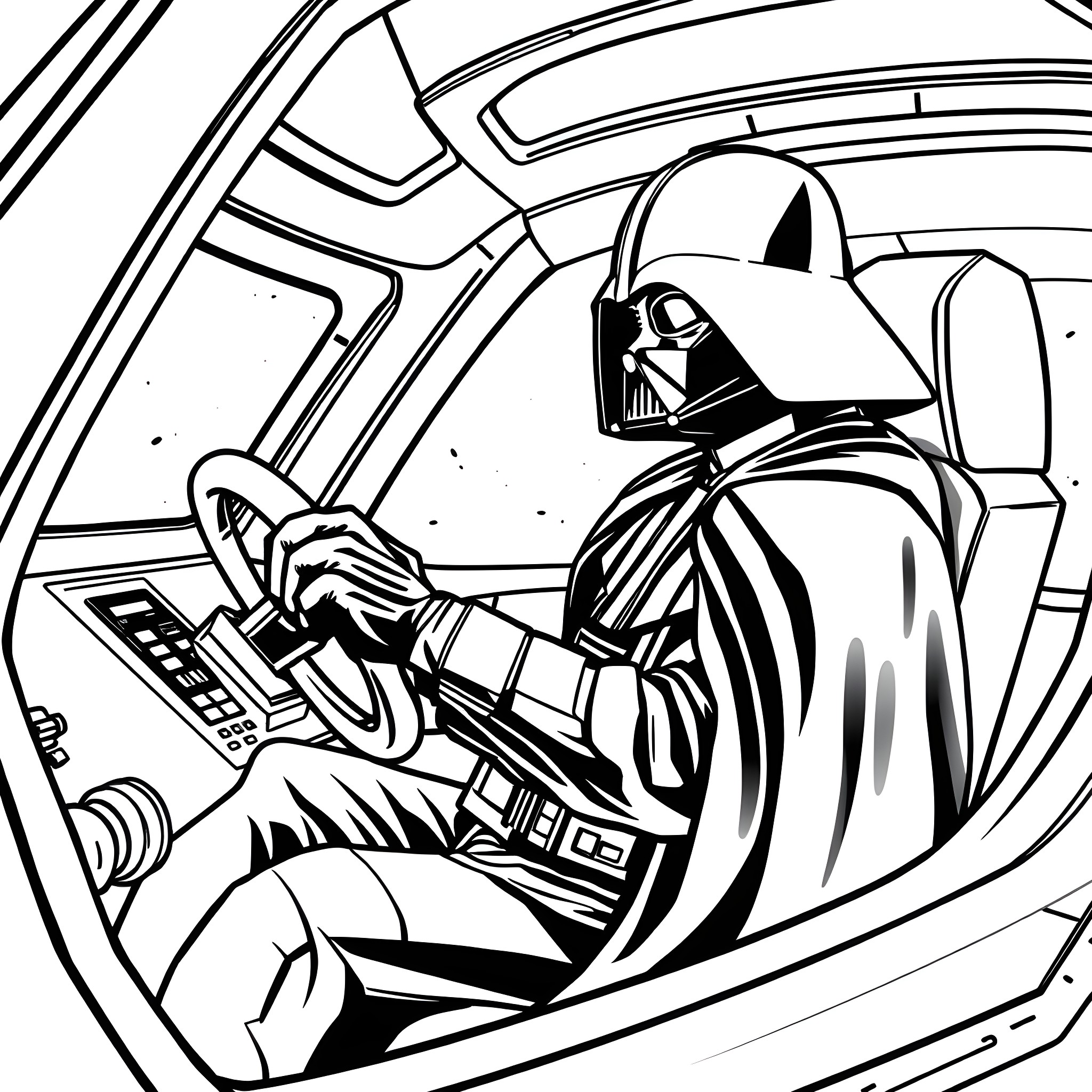 Darth Vader piloting a spacecraft Coloring Page (free black-and-white line drawing printable PDF for all, from beginners to advanced learners, including children, teens, adults, and seniors)