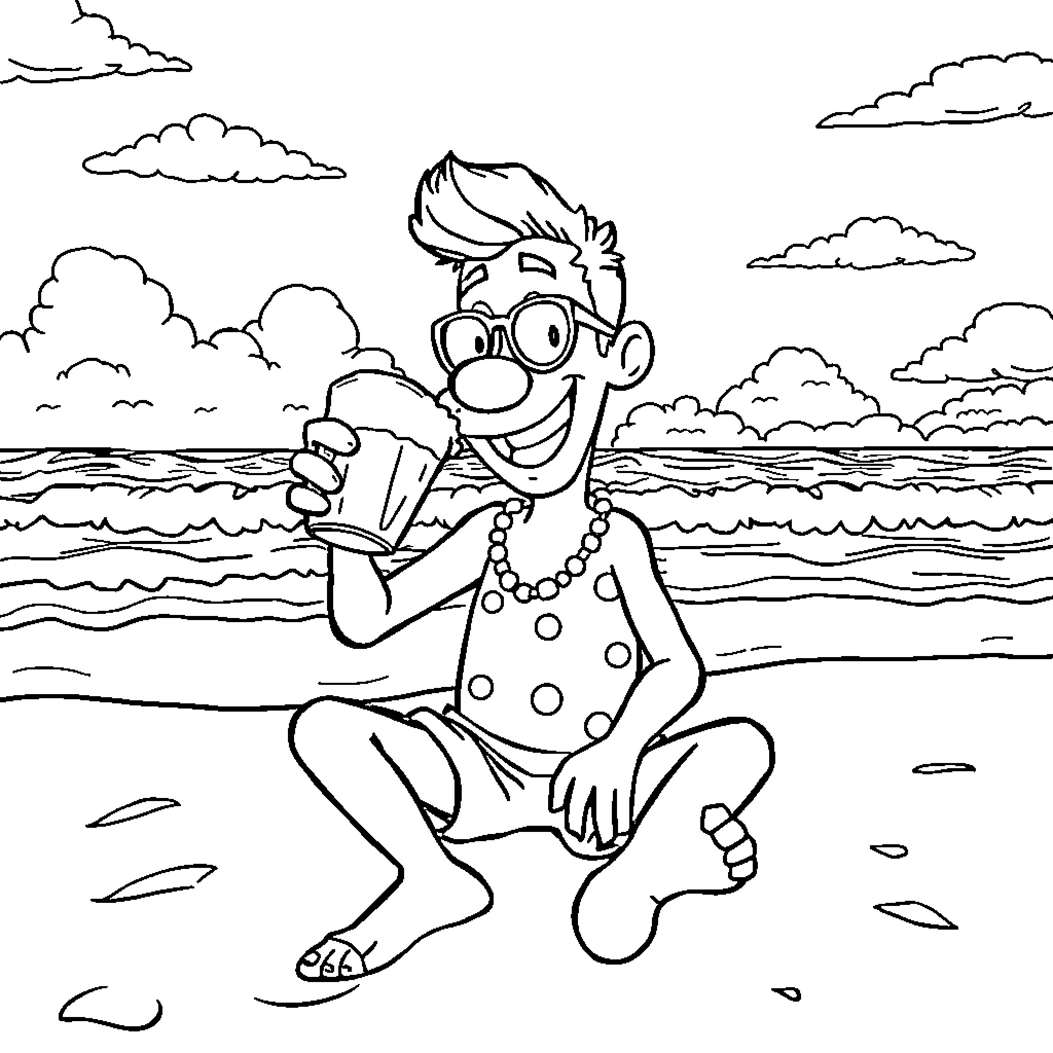 Peewee Herman relaxing on the beach Coloring Page (free black-and-white line drawing printable PDF for all, from beginners to advanced learners, including children, teens, adults, and seniors)