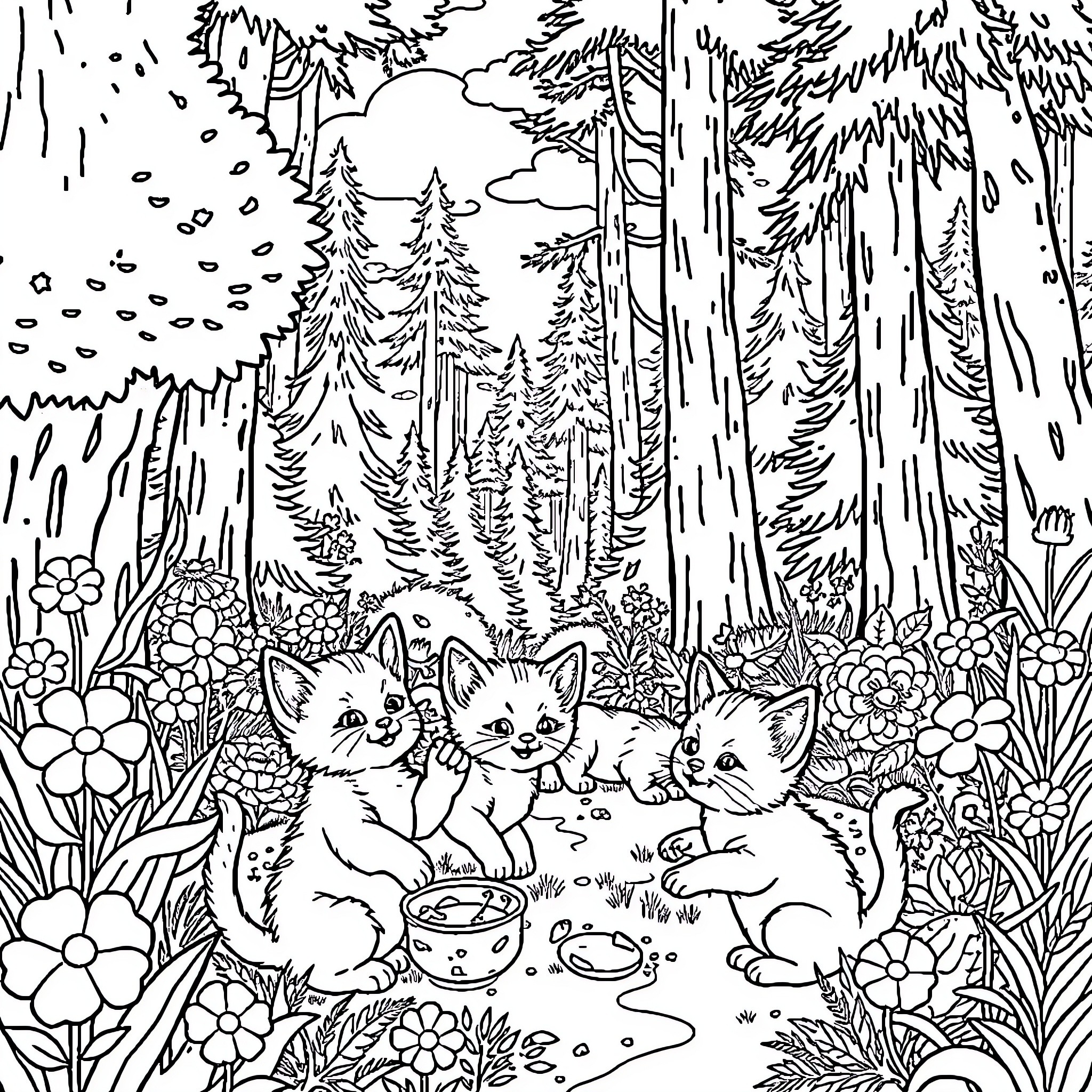Kitten Enjoying Nature with Friends Coloring Page (free black-and-white line drawing printable PDF for all, from beginners to advanced learners, including children, teens, adults, and seniors)