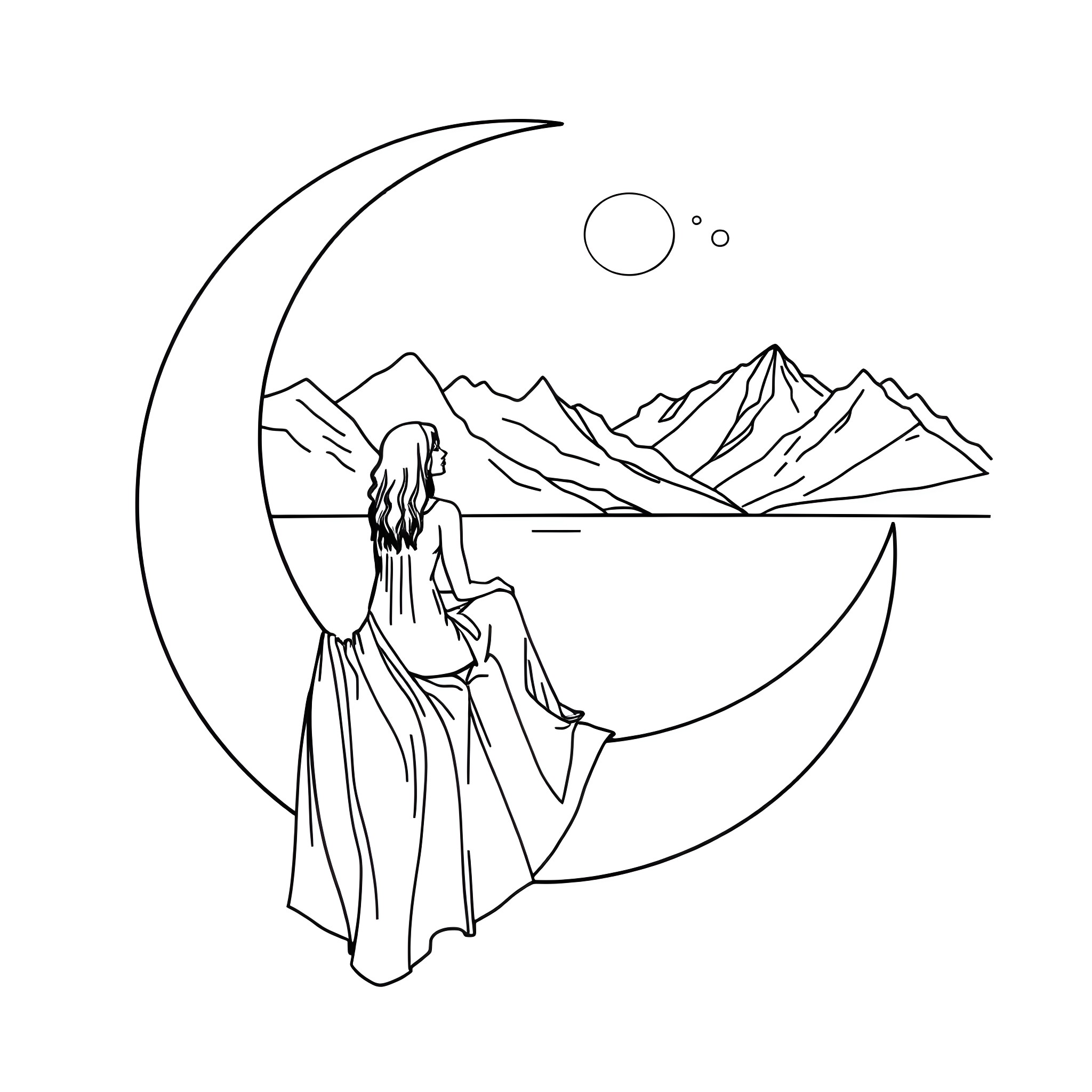 Woman sitting on the moon overlooking mountains Coloring Page (free black-and-white line drawing printable PDF for all, from beginners to advanced learners, including children, teens, adults, and seniors)