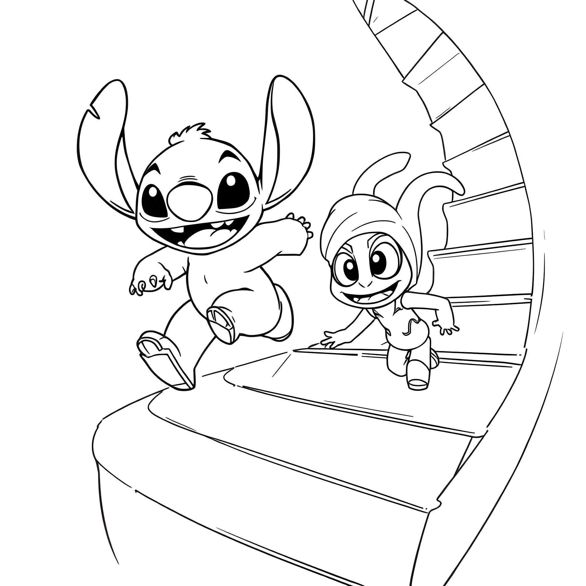 Stitch and Angel playing on the stairs Coloring Page (free black-and-white line drawing printable PDF for all, from beginners to advanced learners, including children, teens, adults, and seniors)