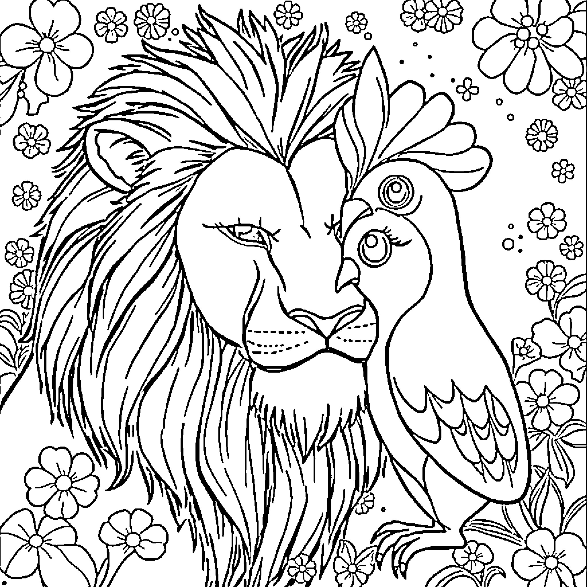 Leon's Floral Fantasia Coloring Page (free black-and-white line drawing printable PDF for all, from beginners to advanced learners, including children, teens, adults, and seniors)