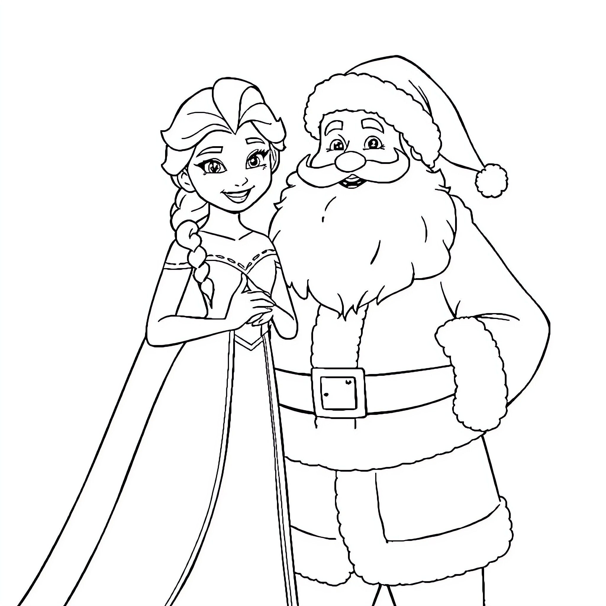 Elsa and Santa Claus in a festive scene Coloring Page (free black-and-white line drawing printable PDF for all, from beginners to advanced learners, including children, teens, adults, and seniors)