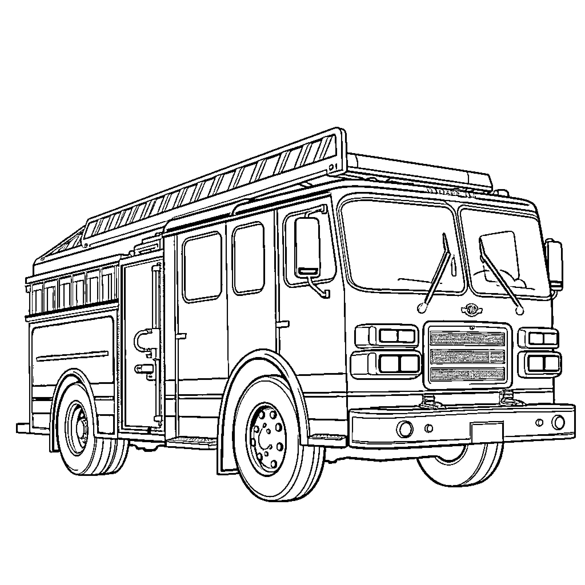 Fire Truck on Emergency Call with Flashing Lights Coloring Page (free black-and-white line drawing printable PDF for all, from beginners to advanced learners, including children, teens, adults, and seniors)